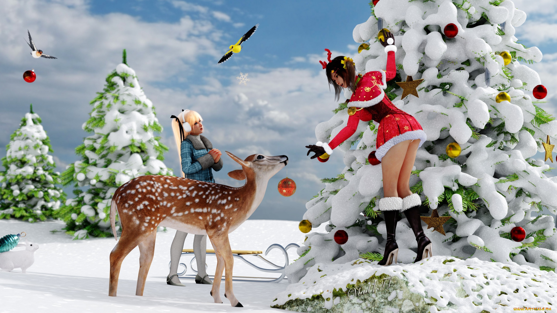 праздничные, 3д, графика, , новый, год, фон, олень, елка, снег, игрушки, взгляд, девушки