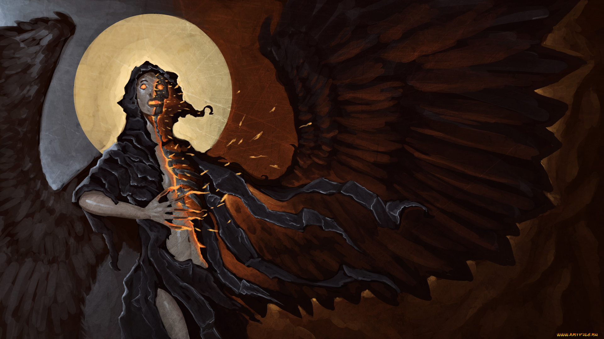 фэнтези, существа, крылья, луна, фон, девушка