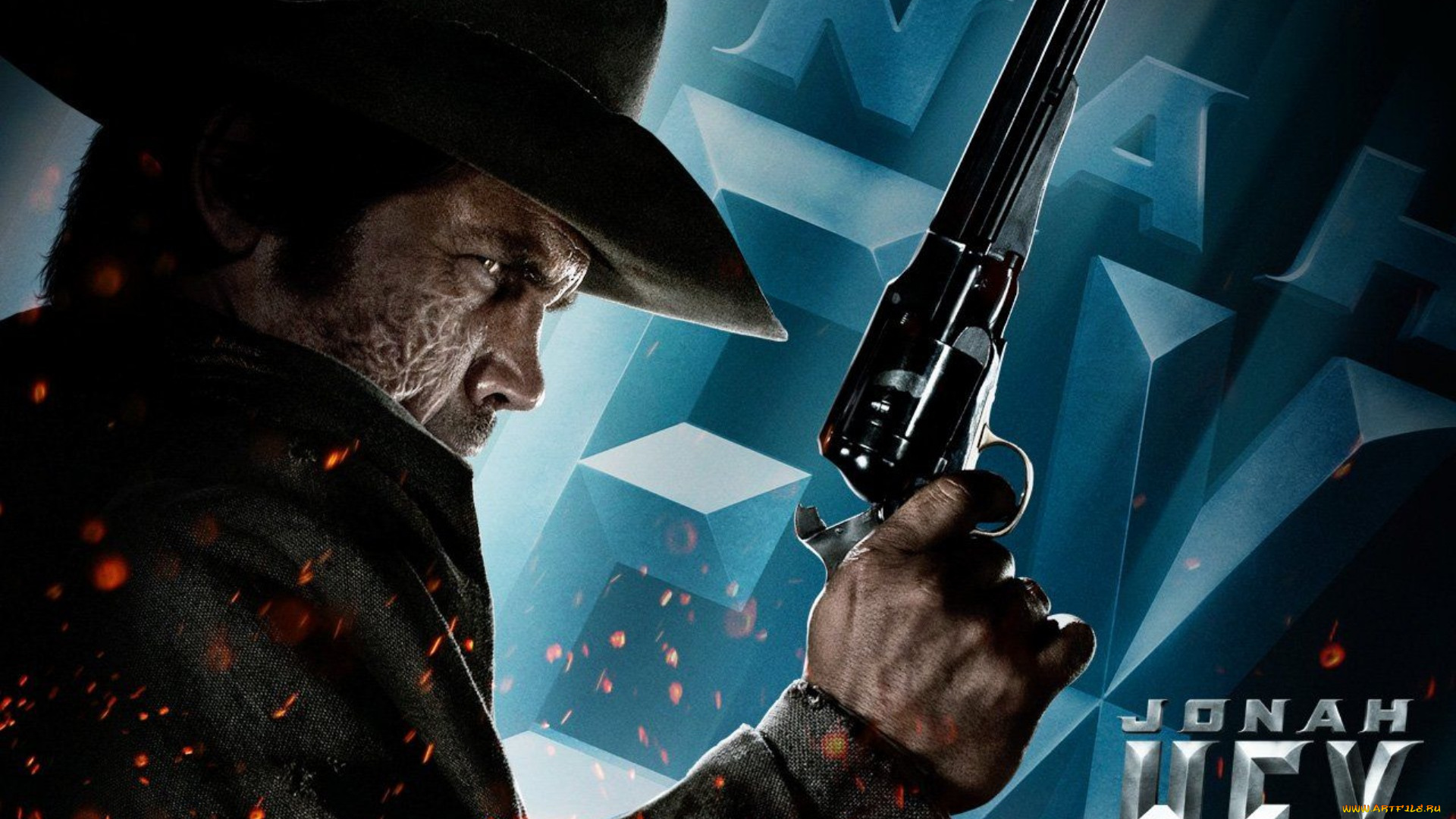 кино, фильмы, jonah, hex, пистолет, искры, ковбой, шляпа, шрамы
