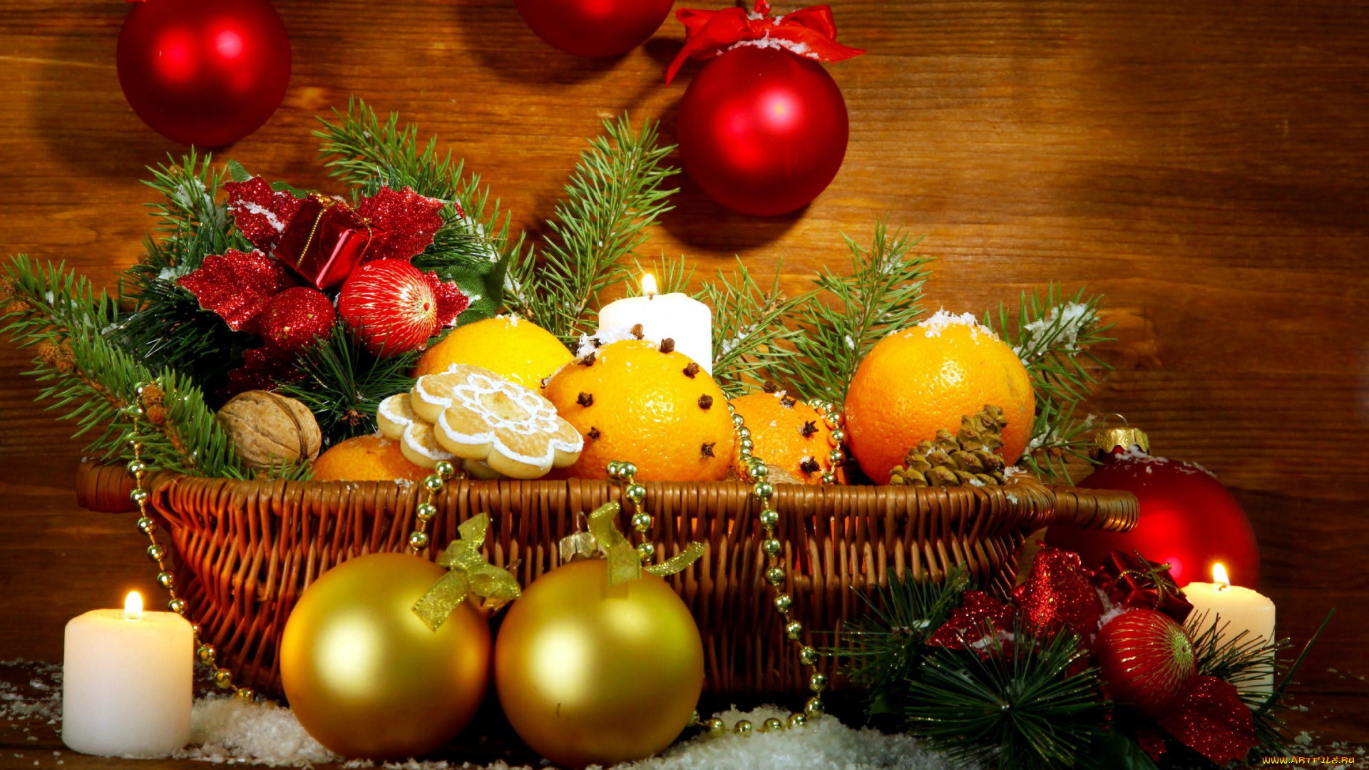 праздничные, -, разное, , новый, год, бусы, мандарины, шарики, свечи, корзинка