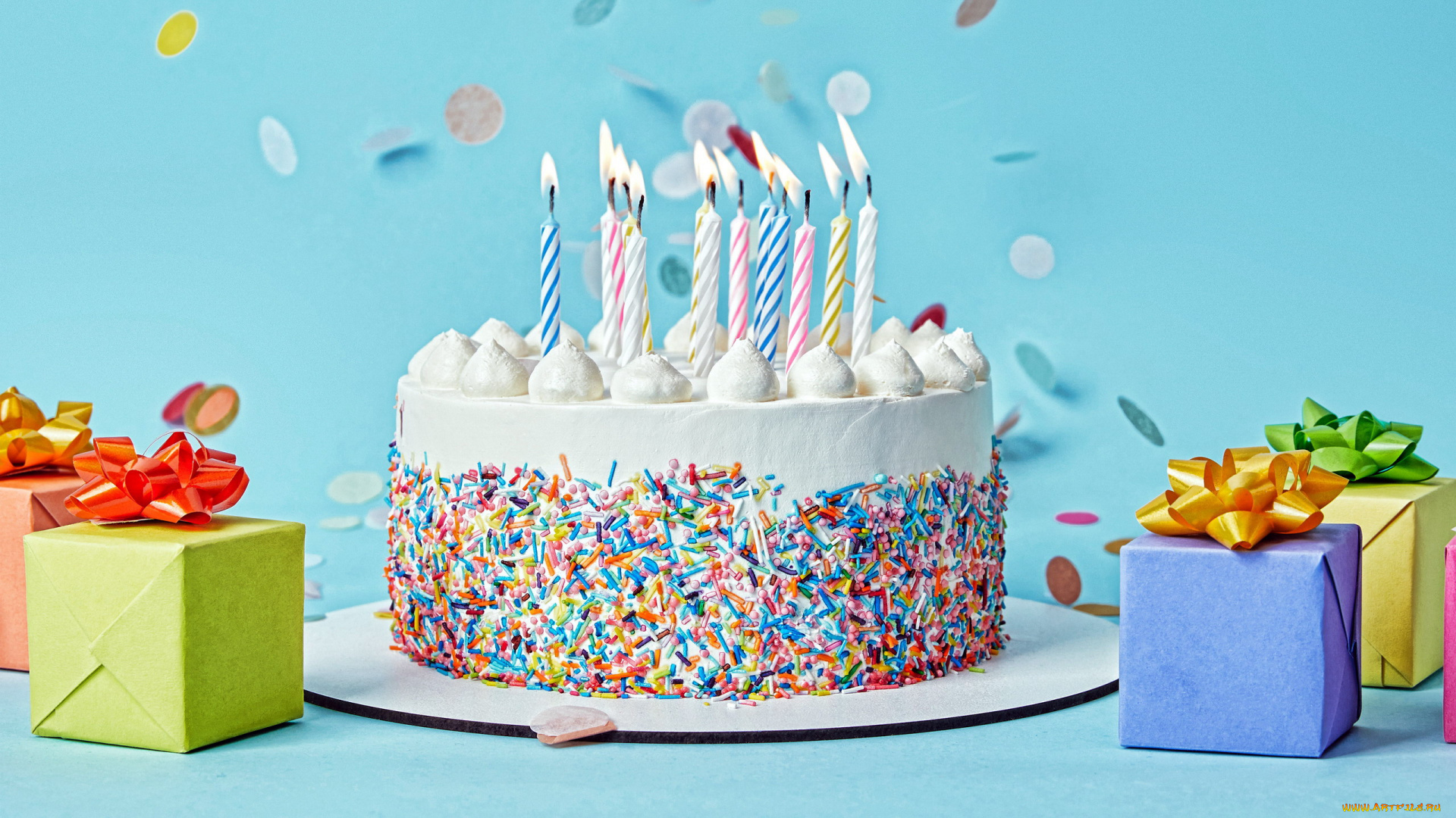 праздничные, день, рождения, подарки, свечи, торт