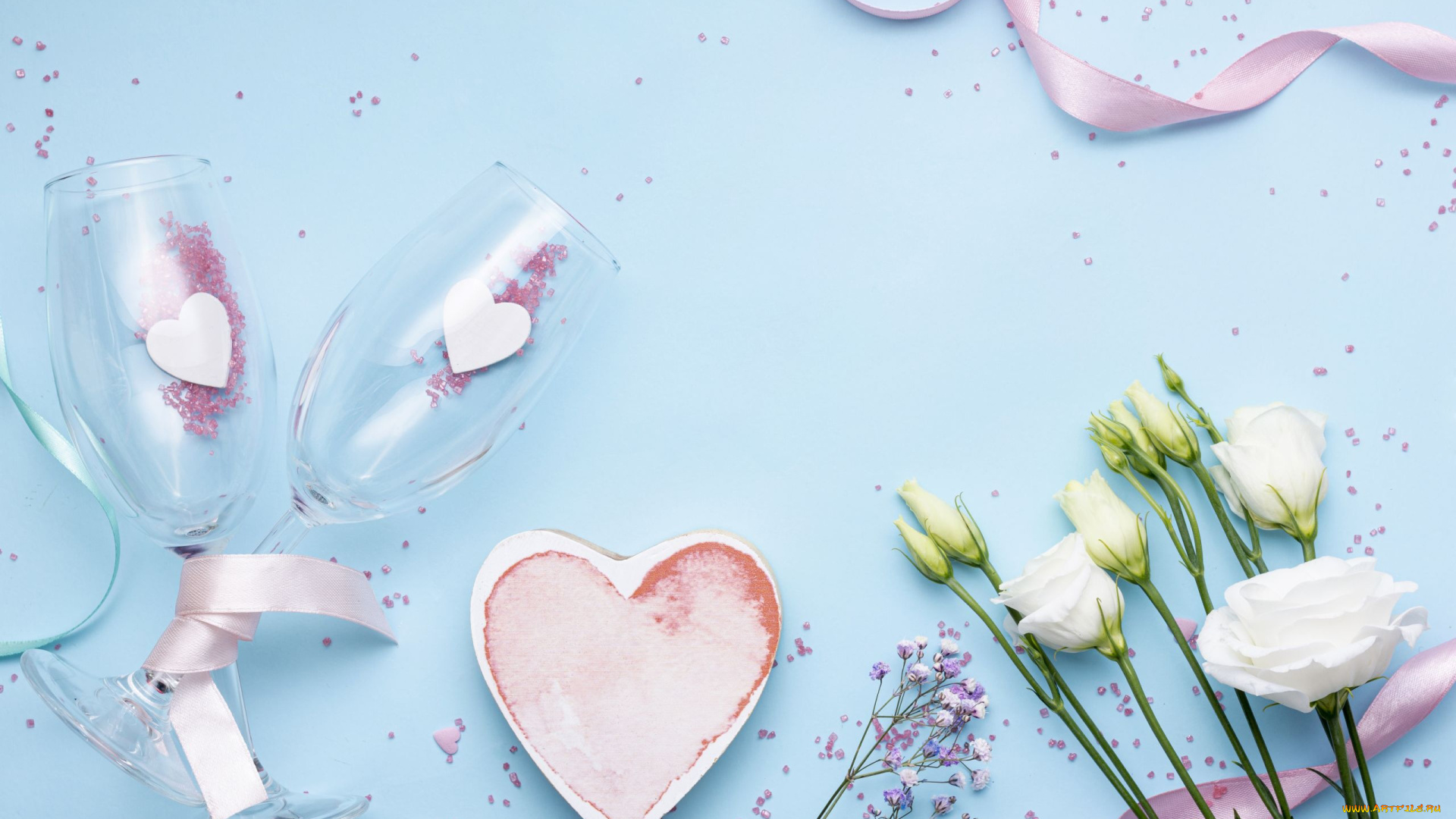 праздничные, день, святого, валентина, , сердечки, , любовь, ленточка, эустома, сердечки, бокалы
