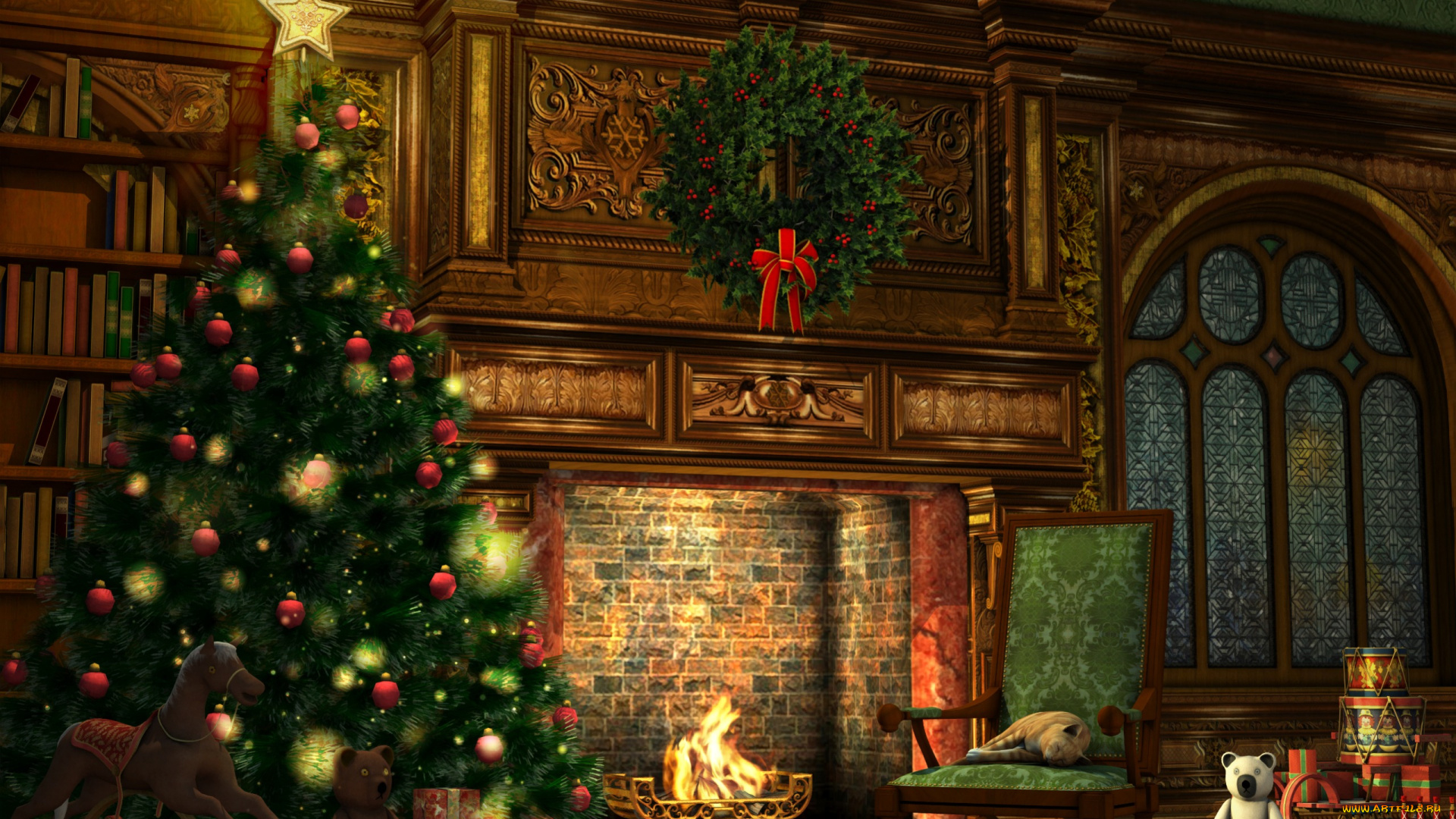 праздничные, новогодний, очаг, подарки, елка, камин