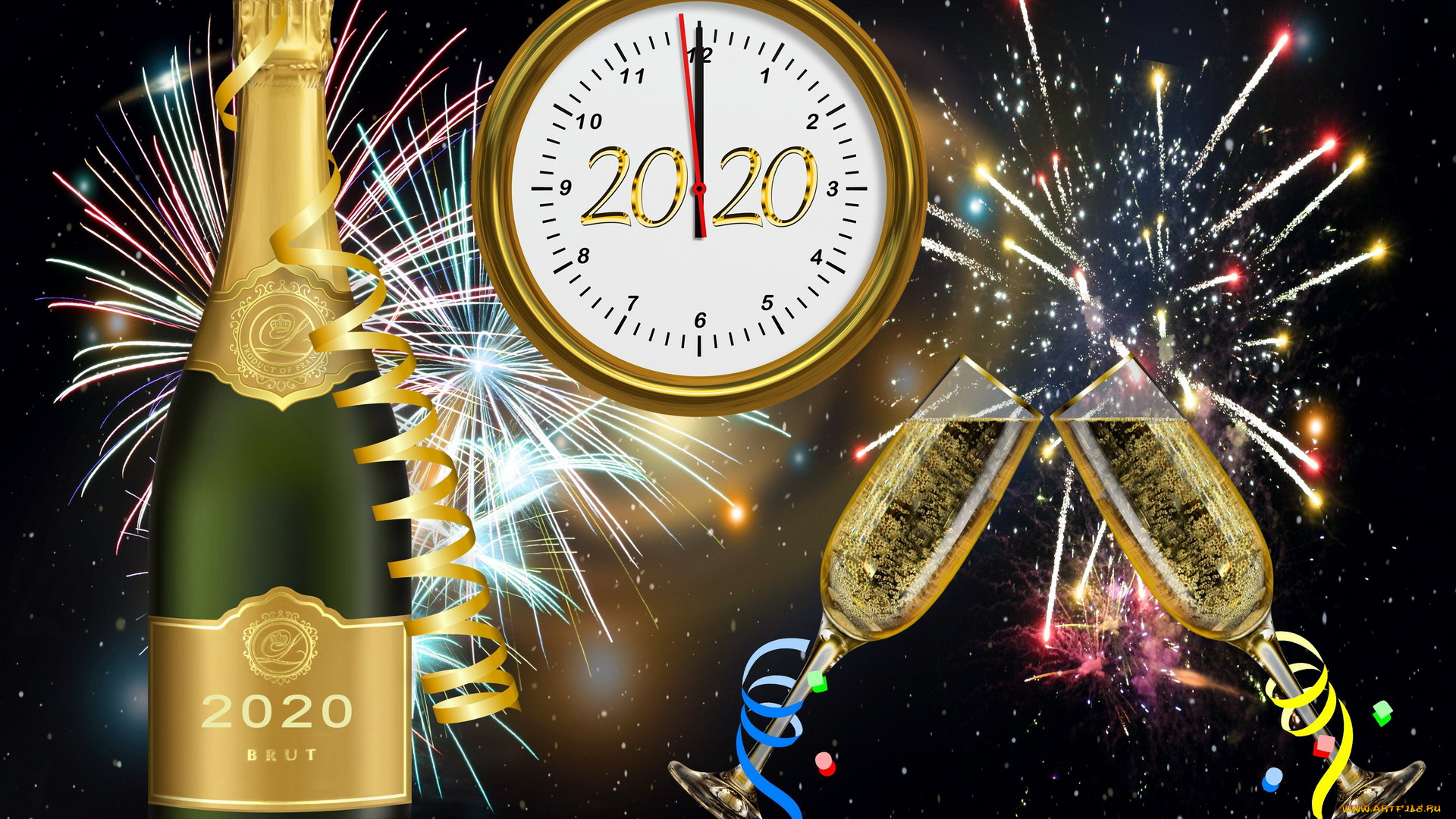 праздничные, угощения, серпантин, бокалы, часы, шампанское