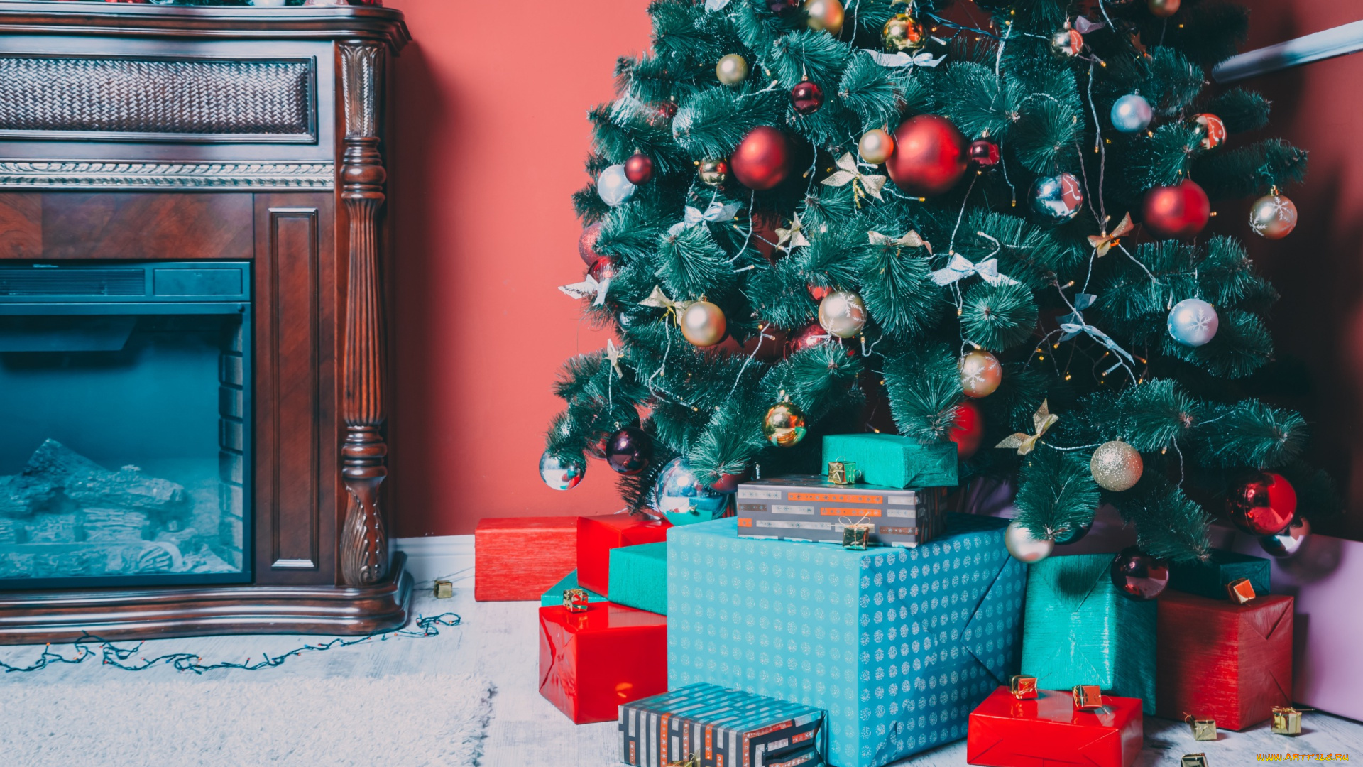 праздничные, ёлки, подарки, елка, камин