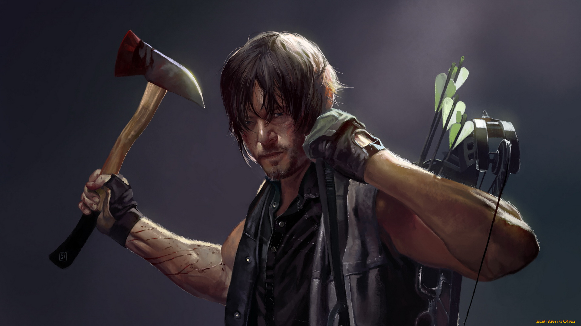 рисованное, кино, мужчина, фон, взгляд, топор, лук, стрела