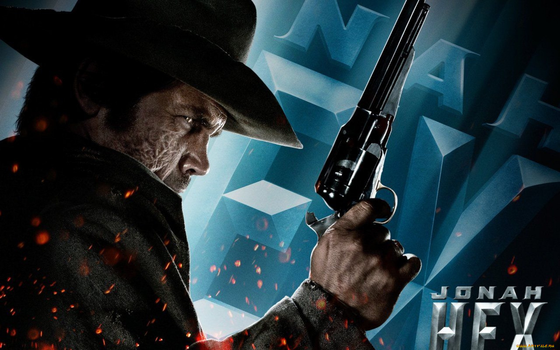 кино, фильмы, jonah, hex, пистолет, искры, ковбой, шляпа, шрамы