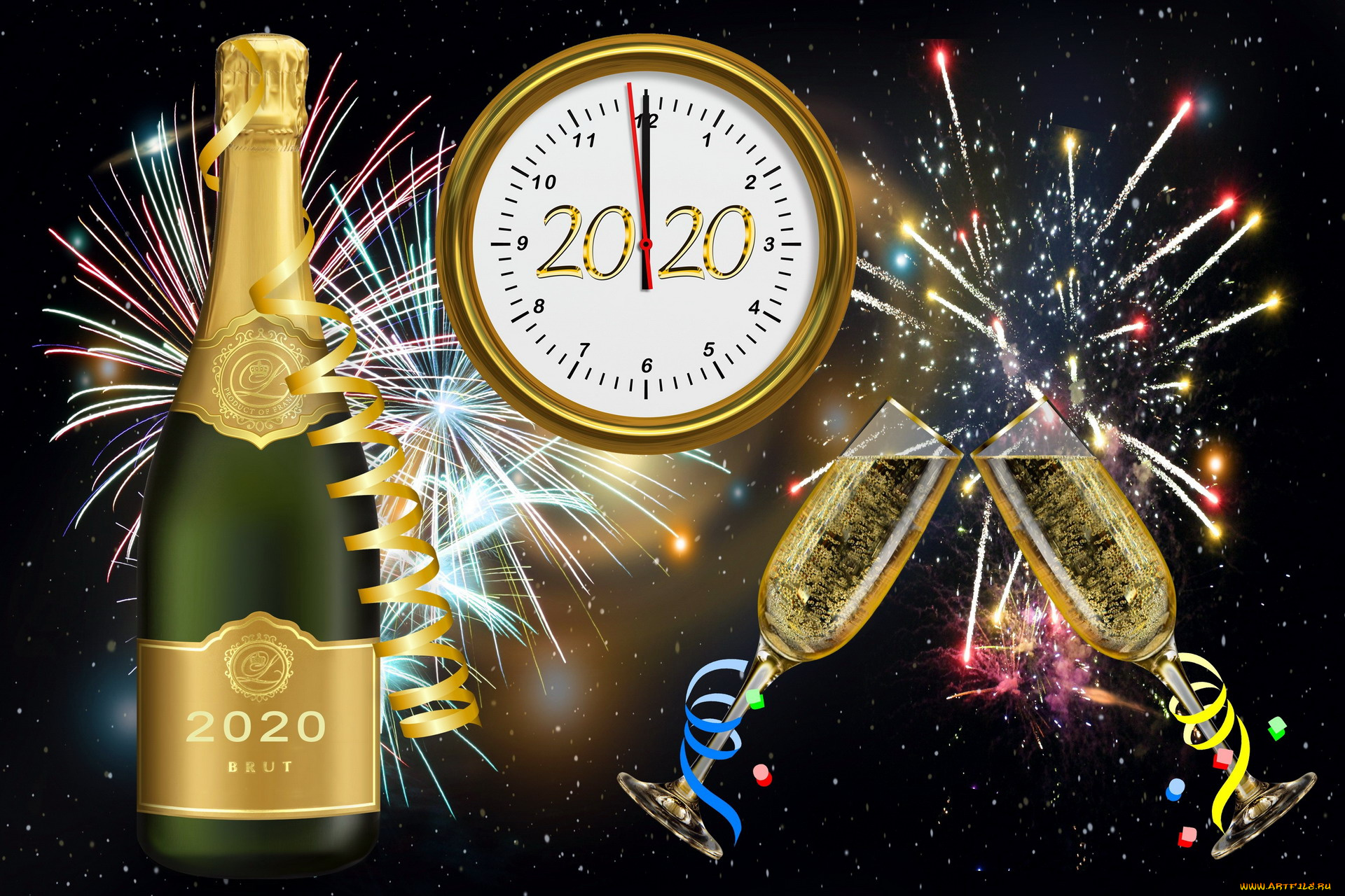 праздничные, угощения, серпантин, бокалы, часы, шампанское