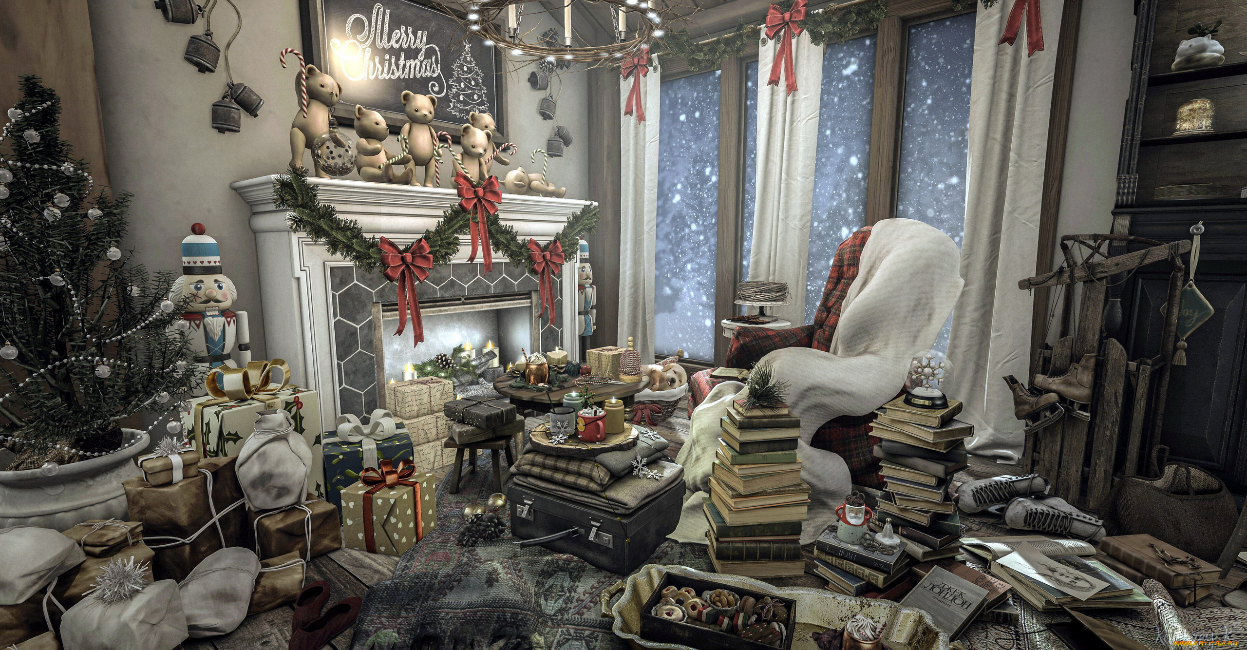 праздничные, новогодний, очаг, кресло, камин, елка