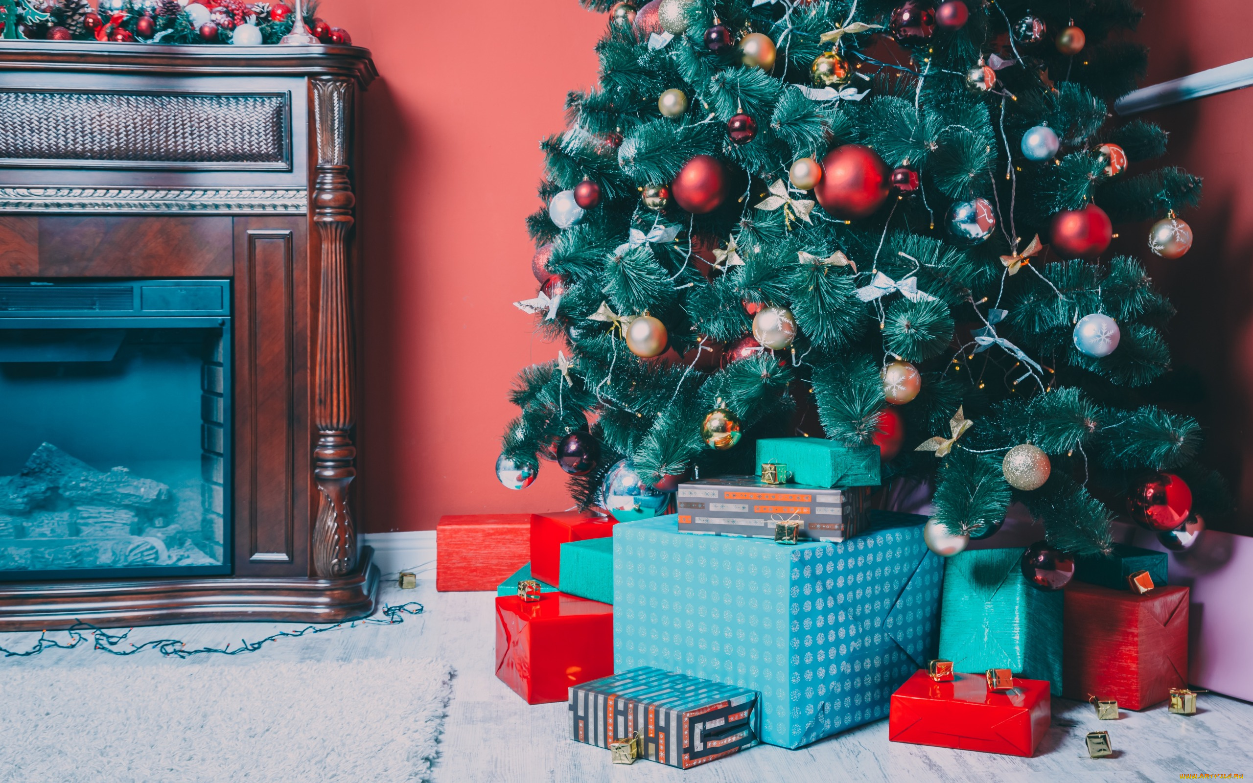праздничные, ёлки, подарки, елка, камин