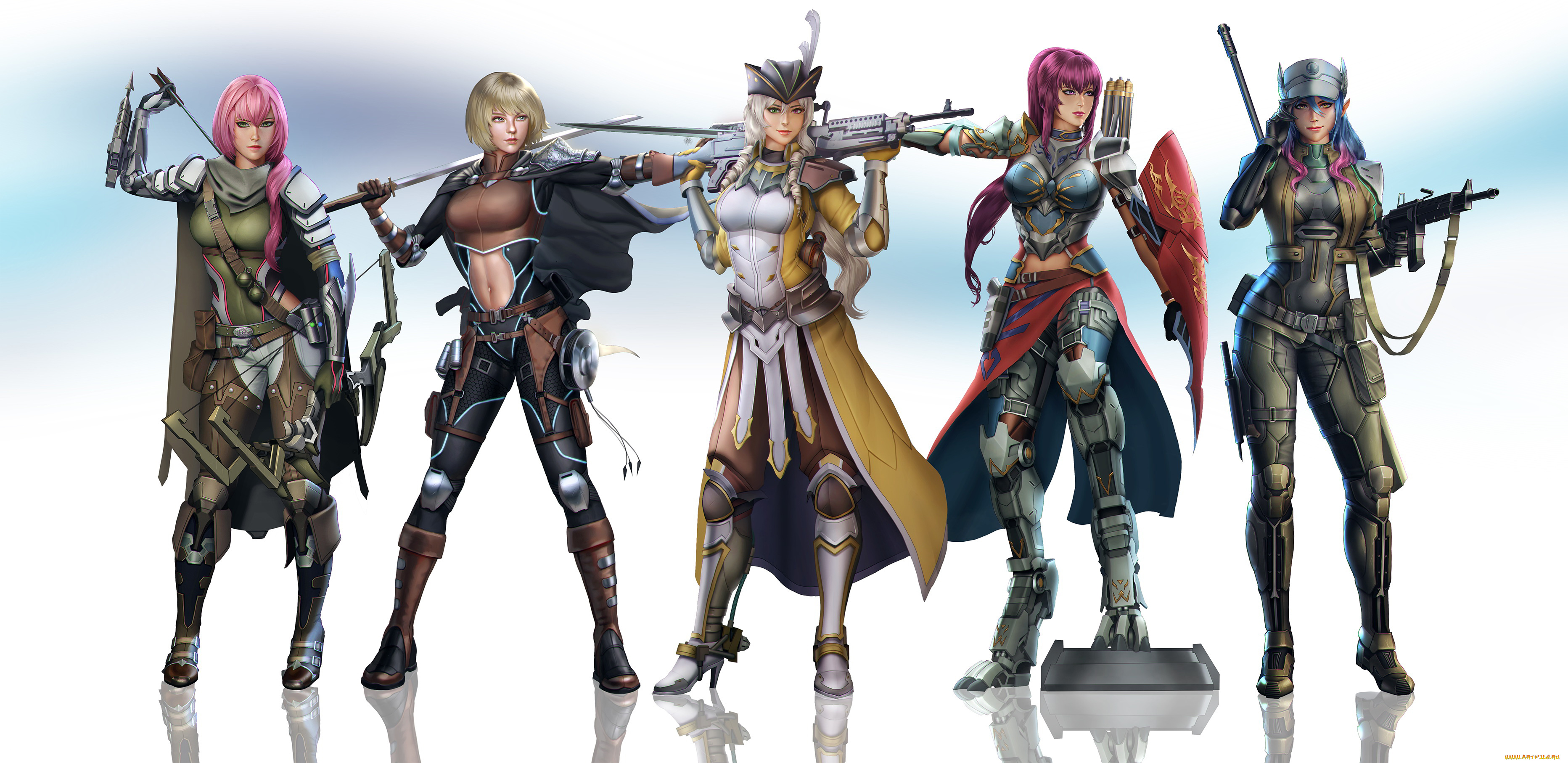 фэнтези, девушки, фон, взгляд, оружие, униформа