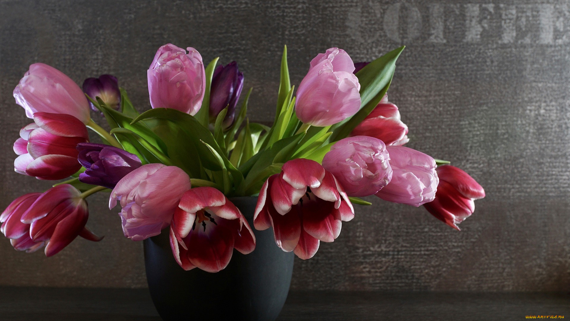 цветы, тюльпаны, ваза, разноцветные