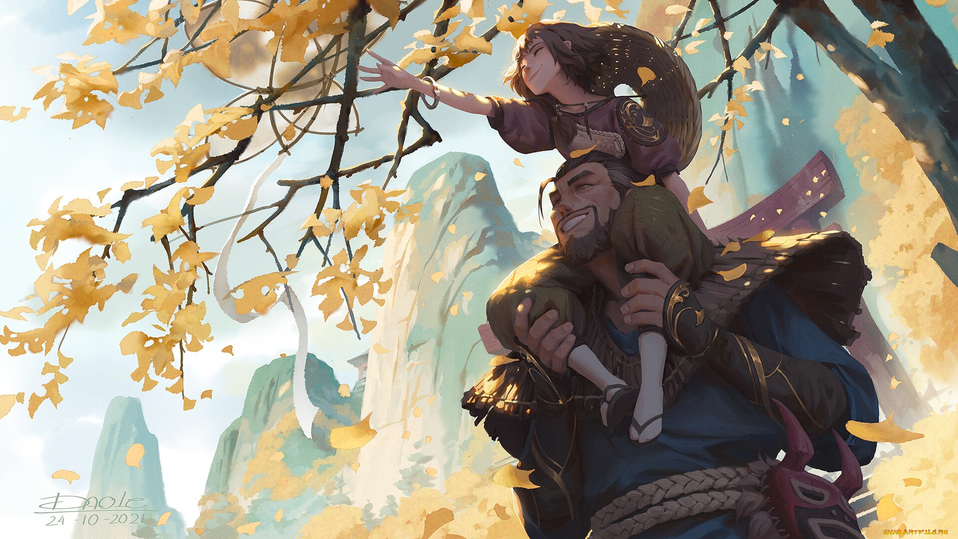 фэнтези, люди, девочка, мужчина, осень, дерево, воздушный, змей