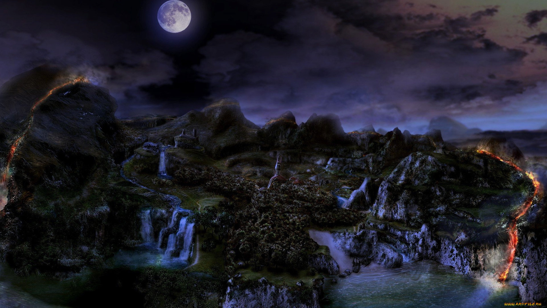 видео, игры, gothic, ii, ночь, луна, горы, водопады