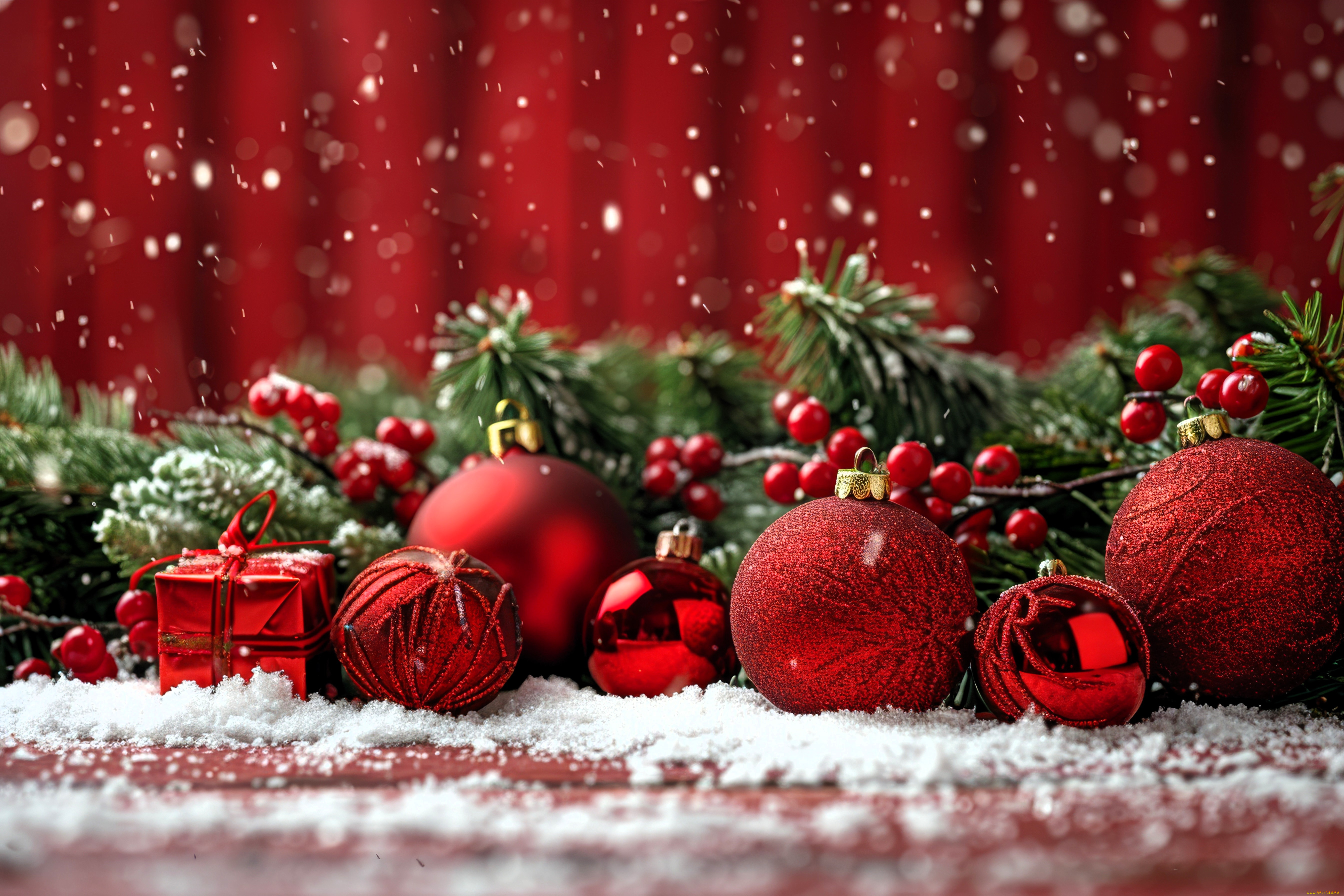 праздничные, украшения, снег, ветки, ёлка, шары, ягоды