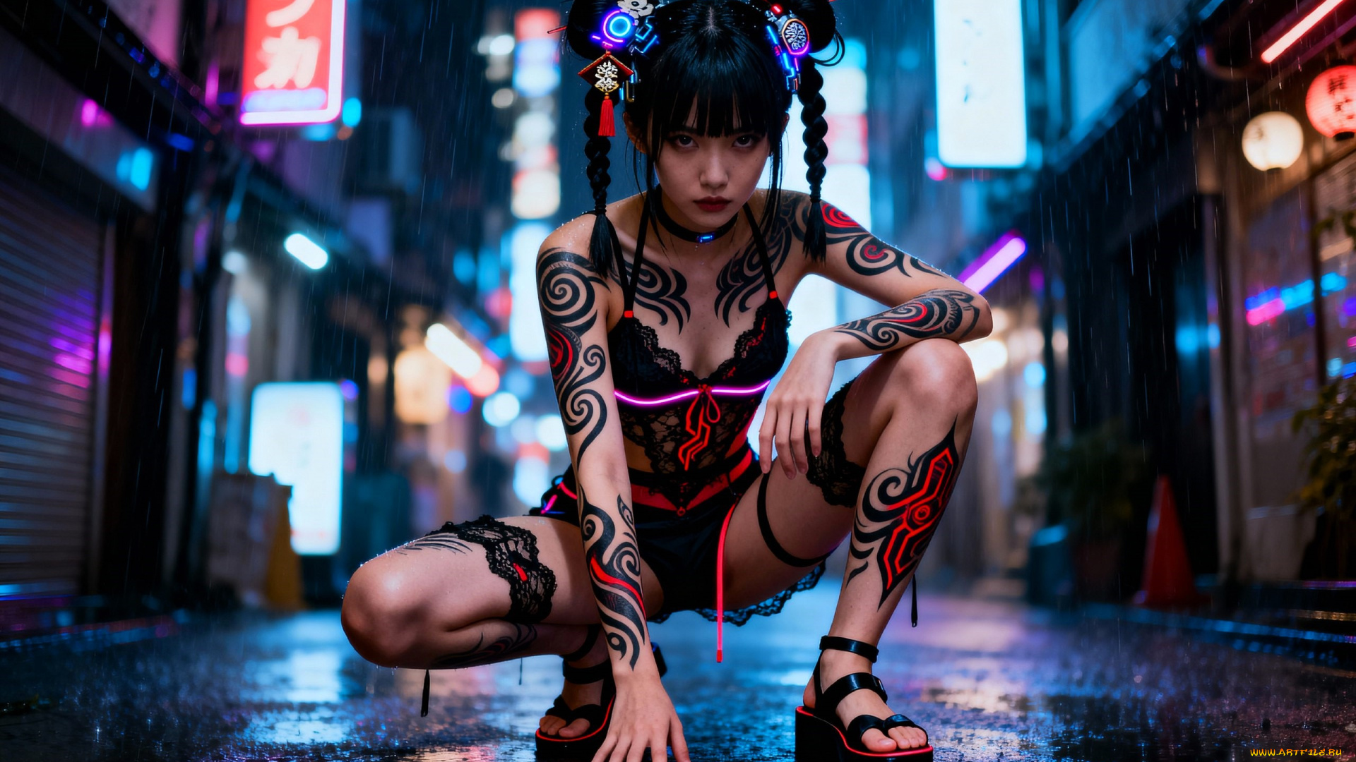 3д, графика, люди, , people, девушка, тату, белье, город, неон, улица, киберпанк
