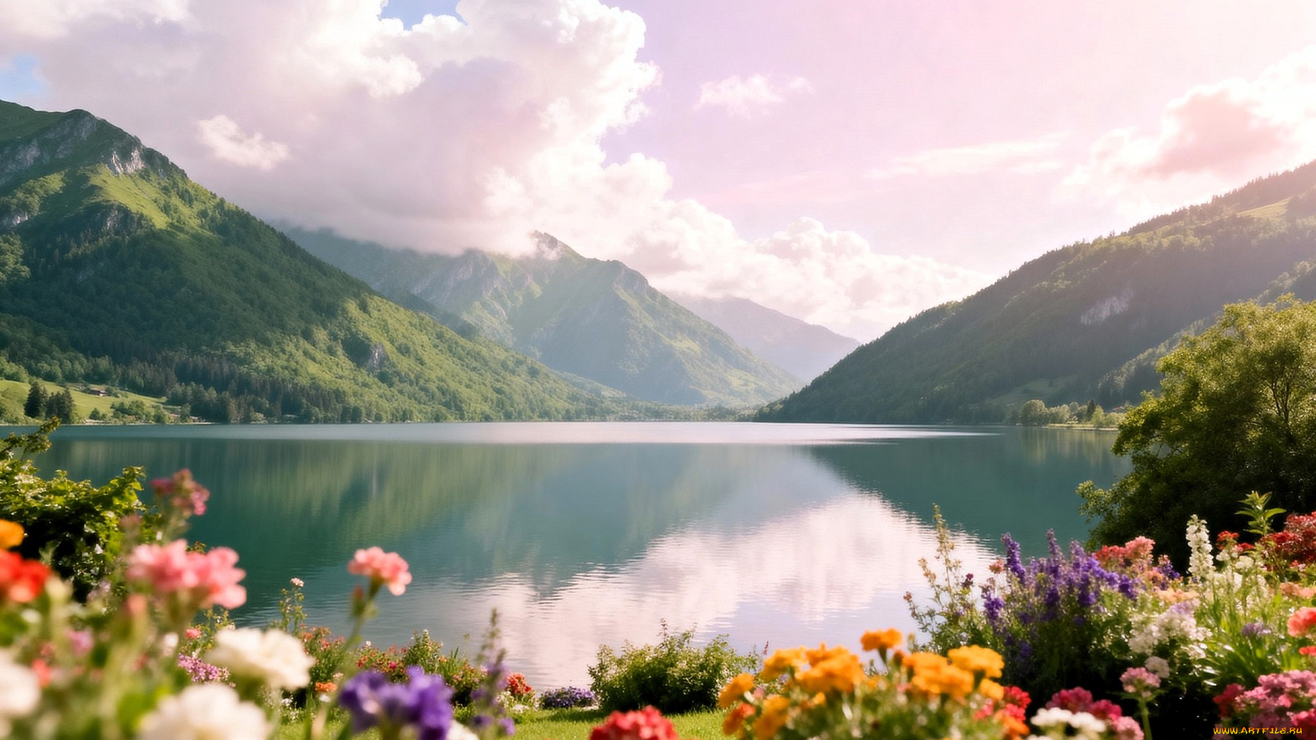 3д, графика, природа, , nature, горы, леса, облака, озеро, цветы