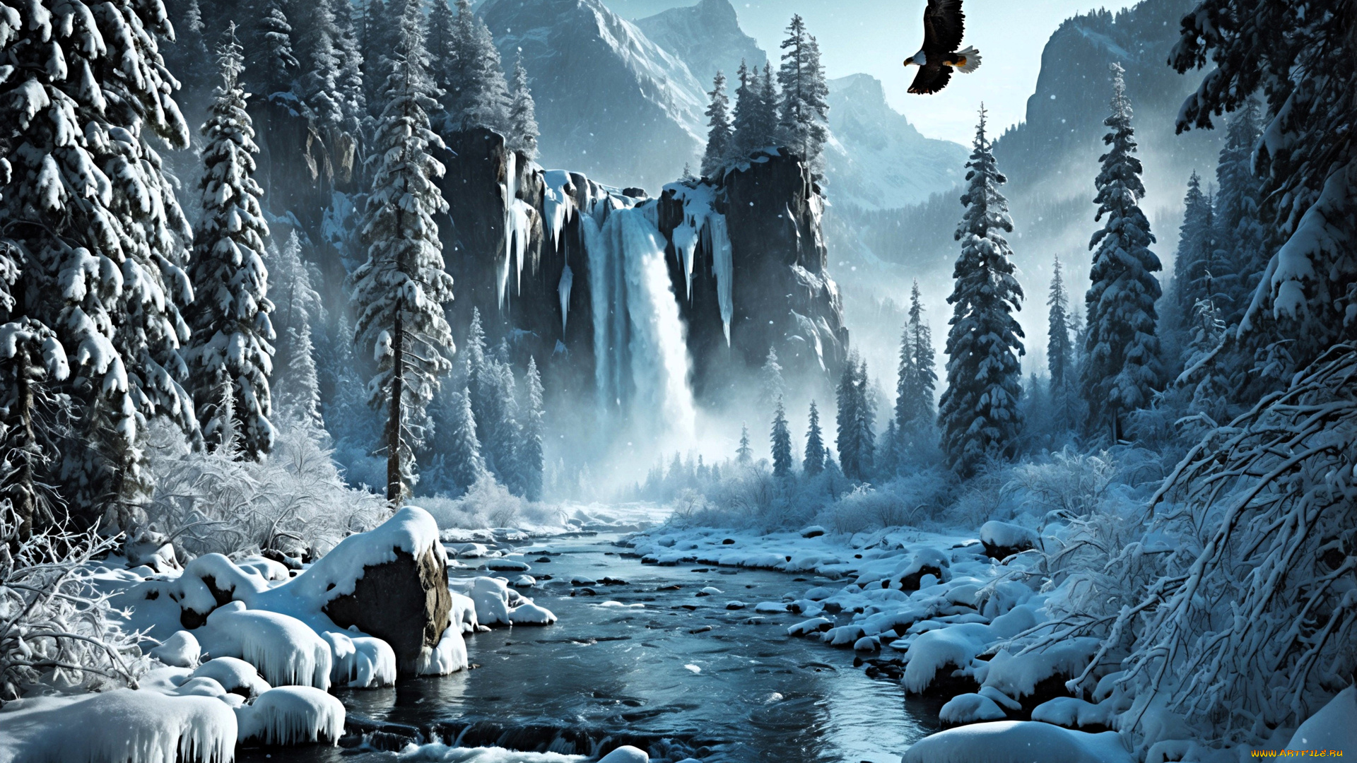 3д, графика, природа, , nature, горы, снег, лед, камни, лес, водопад, река