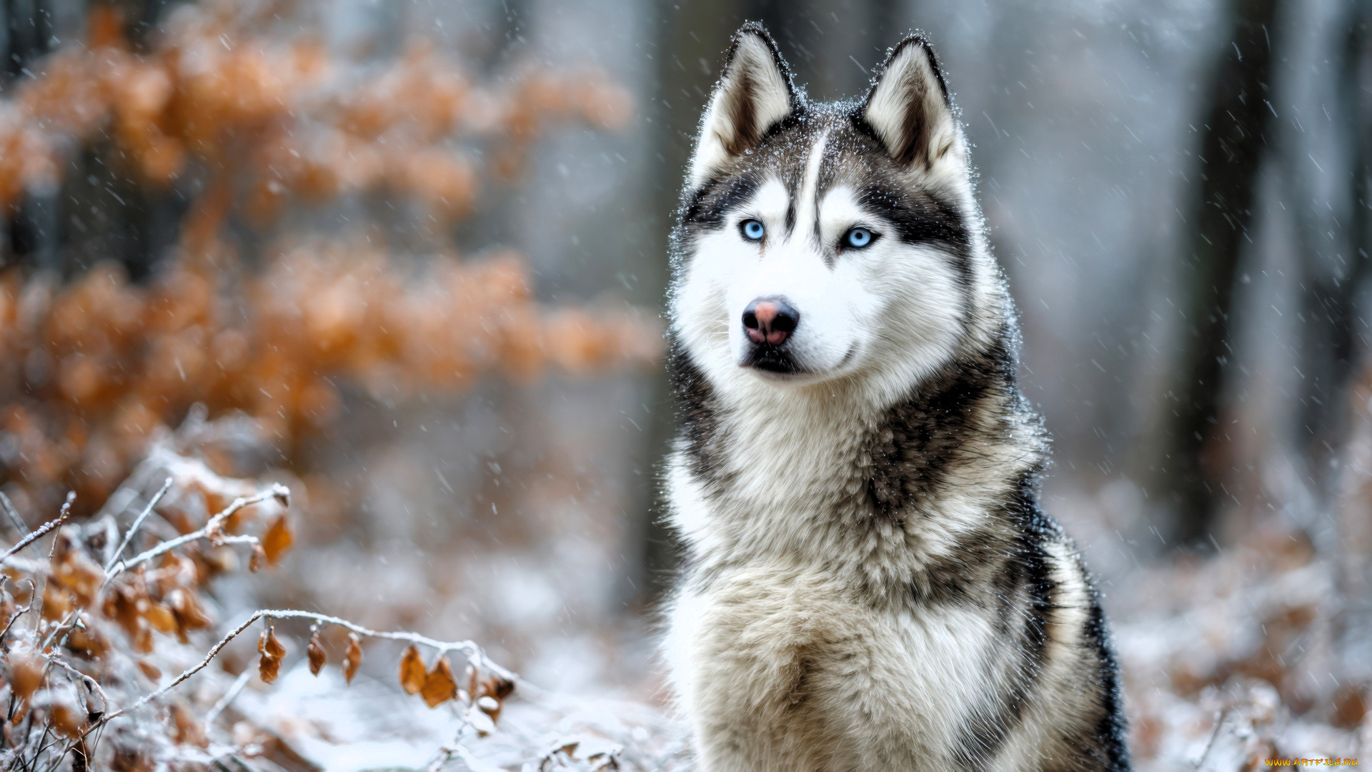 3д, графика, животные, , animals, лайка, хаски, собака, снег, ветки