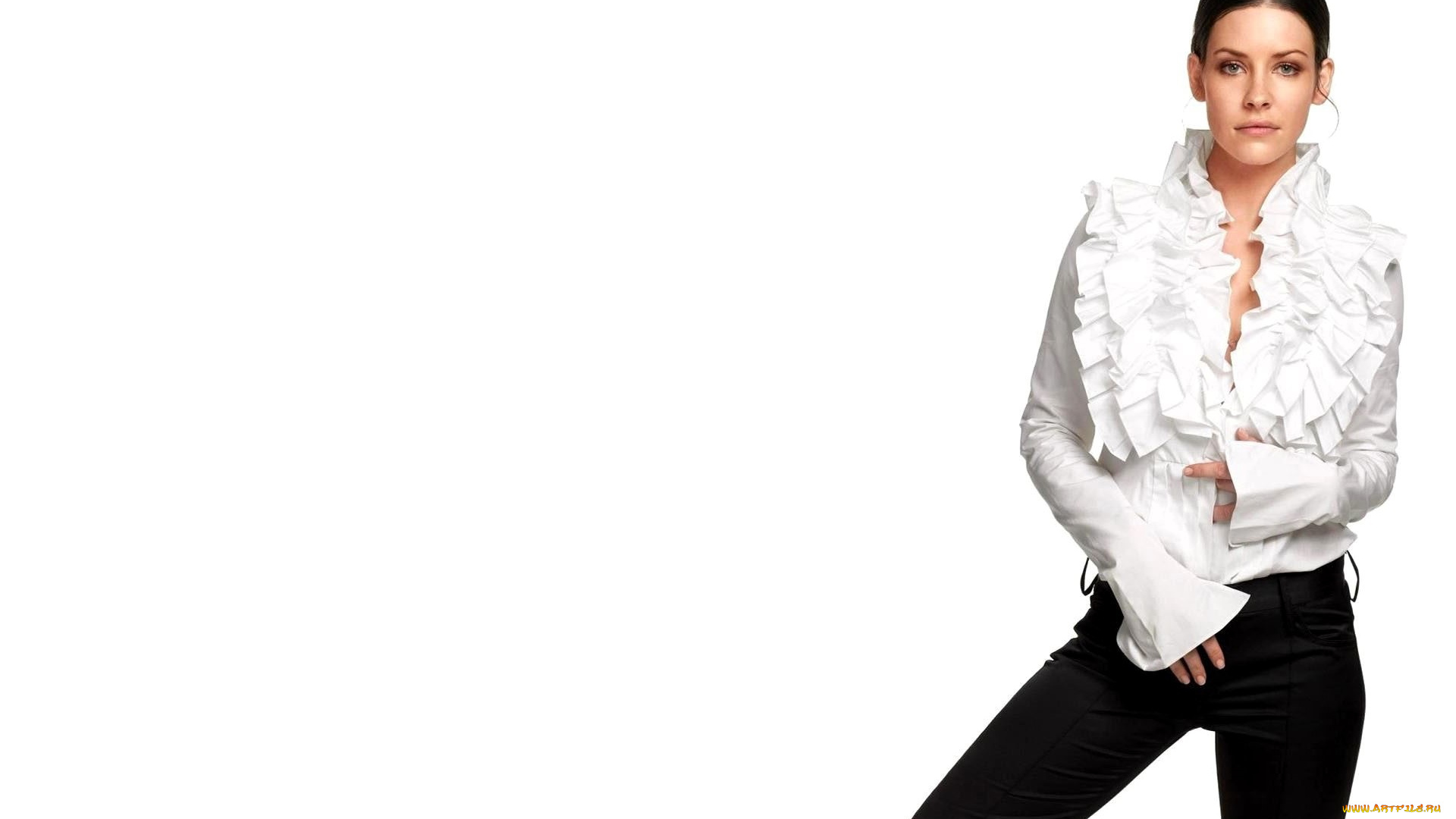 девушки, evangeline, lilly, актриса, брюнетка, блузка, жабо, брюки