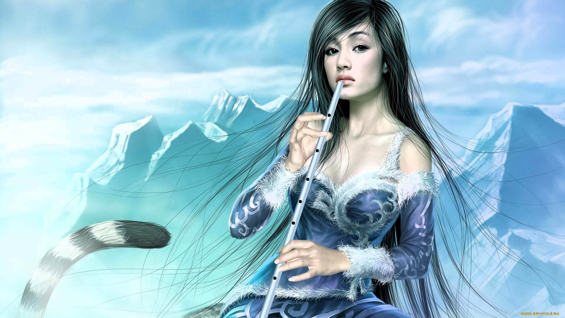 фэнтези, девушки, девушка, платье, флейта, хвост, горы, снег