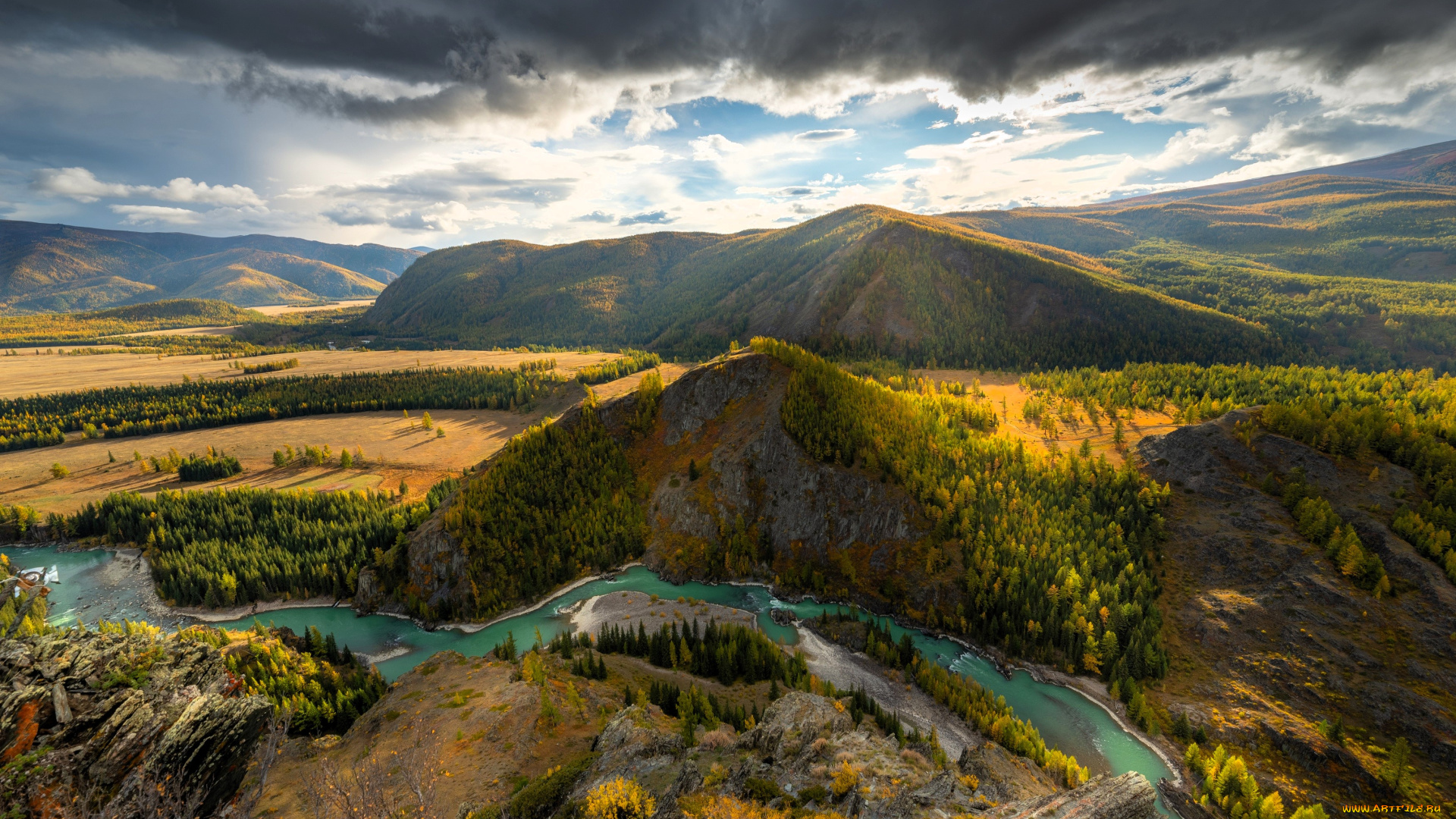 природа, реки, озера, небо, тучи, горы, долины, леса, деревья, река