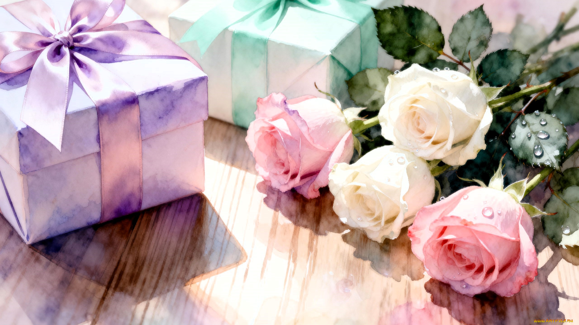 рисованное, цветы, коробки, подарки, розы