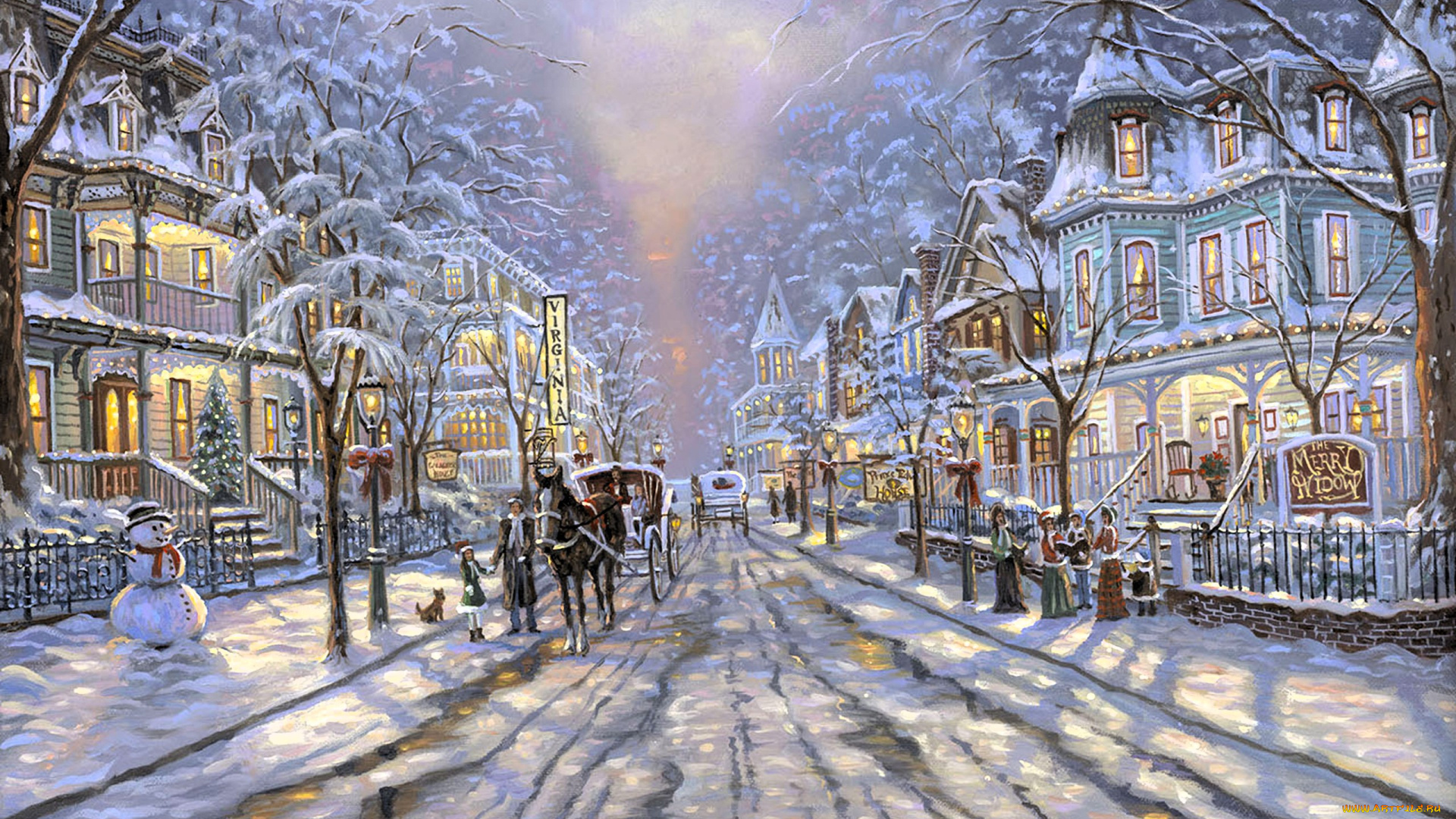 рисованное, robert, finale, дома, особняки, свет, зима, снег, дорога, повозки, снеговик