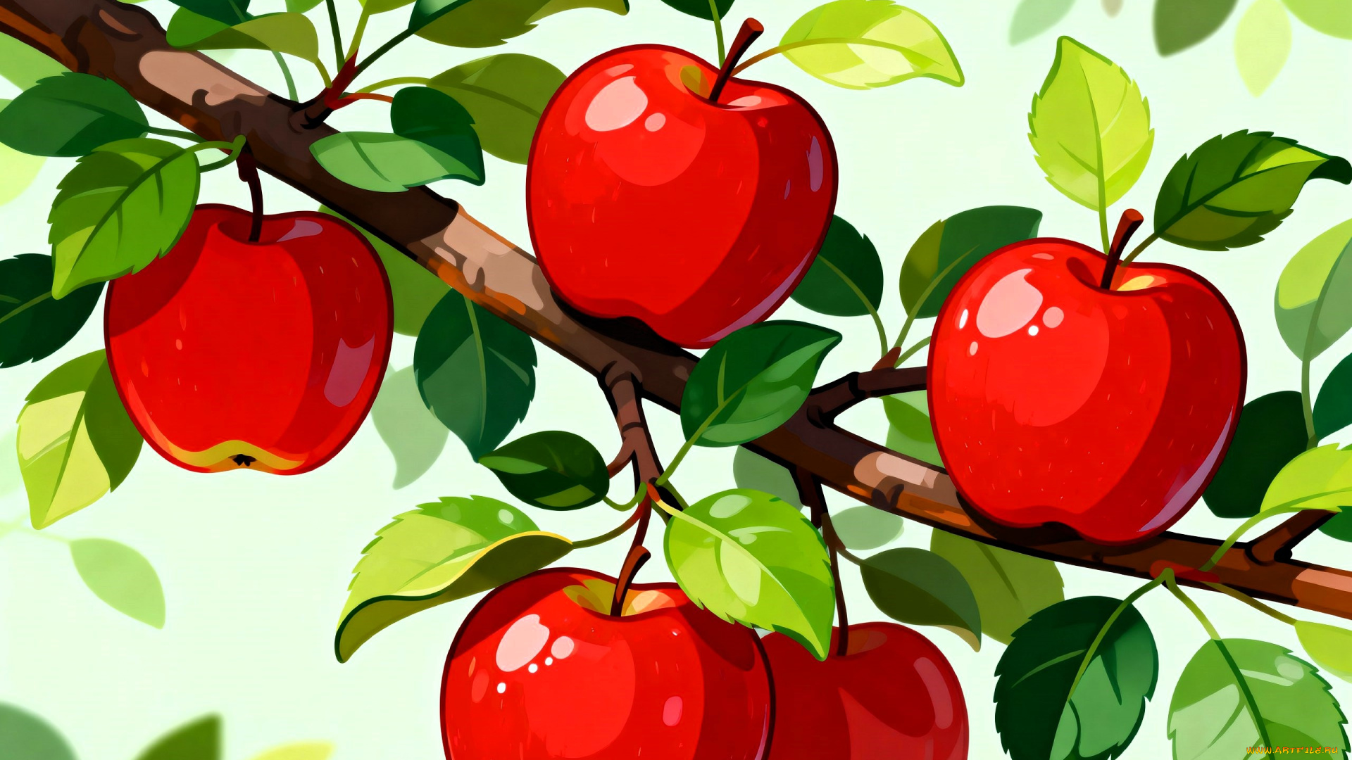 векторная, графика, еда, , food, ветка, яблоки, листья