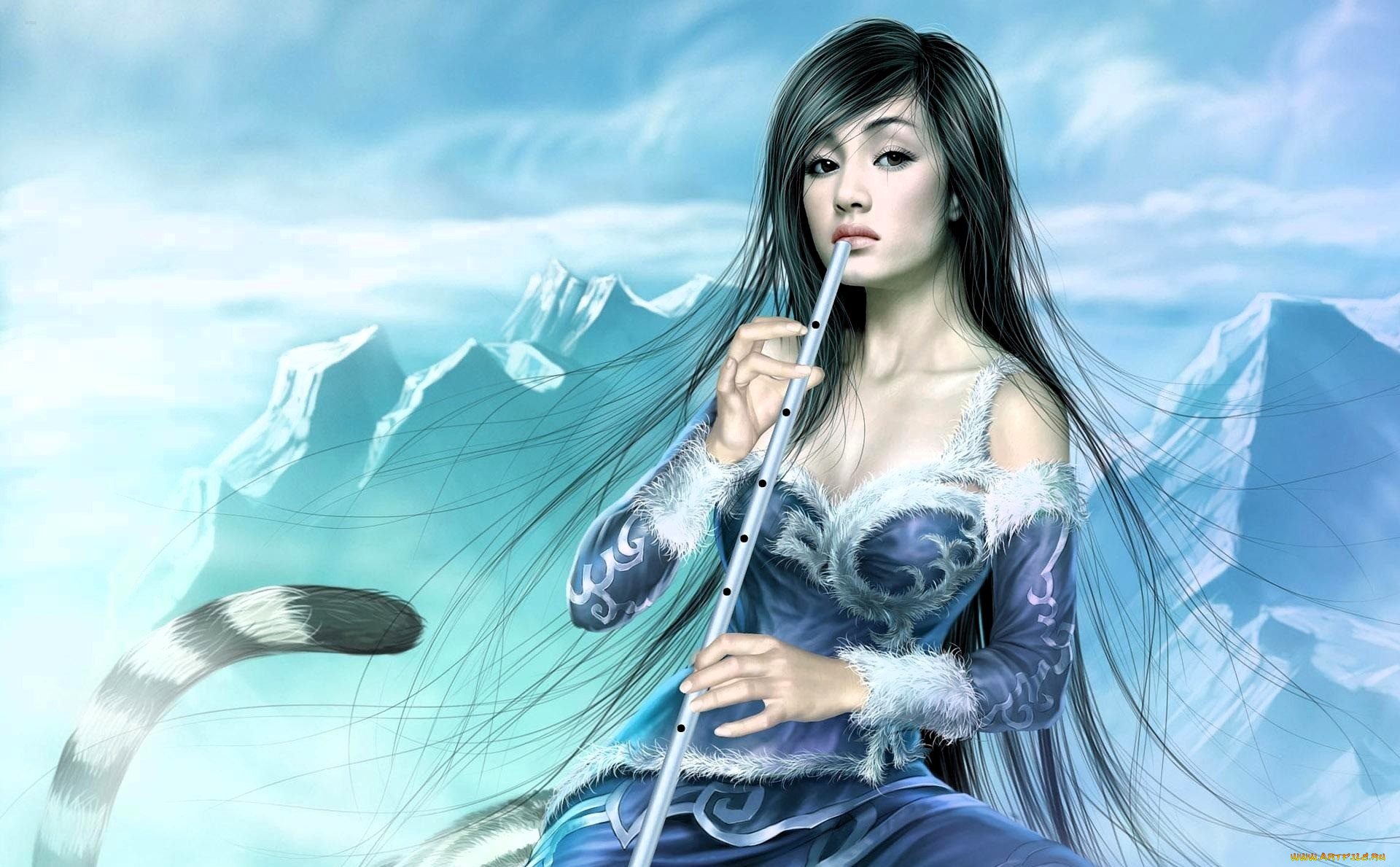 фэнтези, девушки, девушка, платье, флейта, хвост, горы, снег