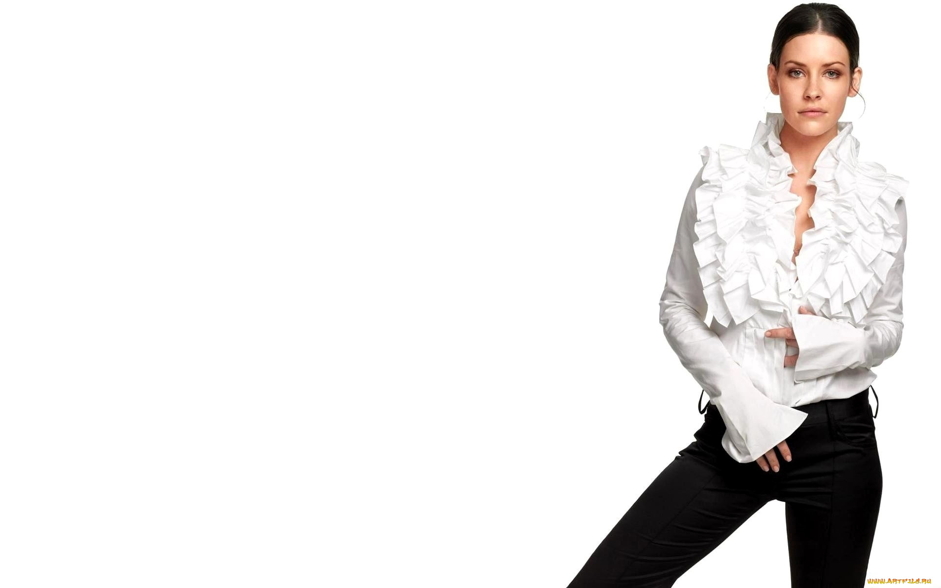 девушки, evangeline, lilly, актриса, брюнетка, блузка, жабо, брюки