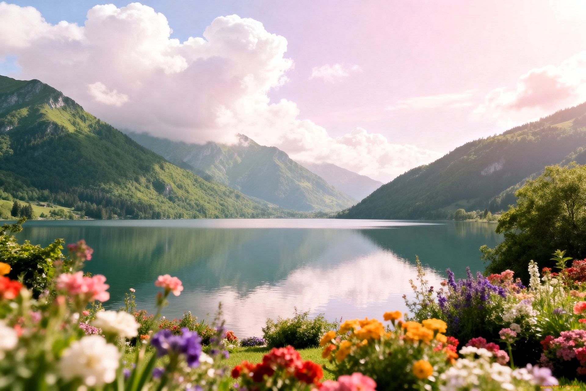 3д, графика, природа, , nature, горы, леса, облака, озеро, цветы