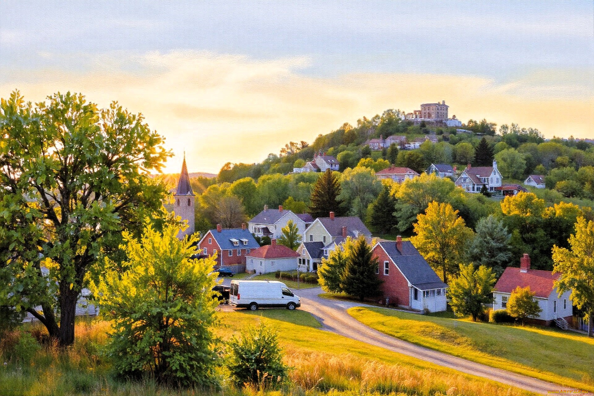 рисованное, города, город, дома, машины, дорога, горы, лес, деревья