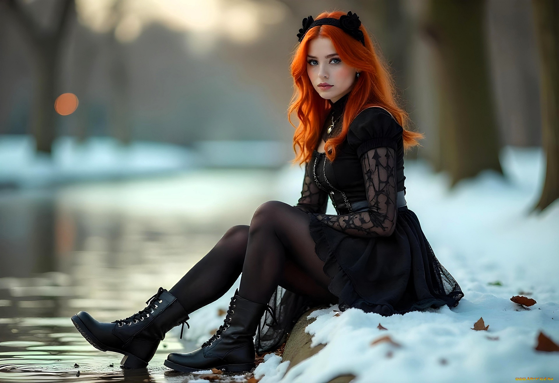 3д, графика, люди, , people, девушка, рыжая, колготки, платье, ботинки, снег, зима, лужи