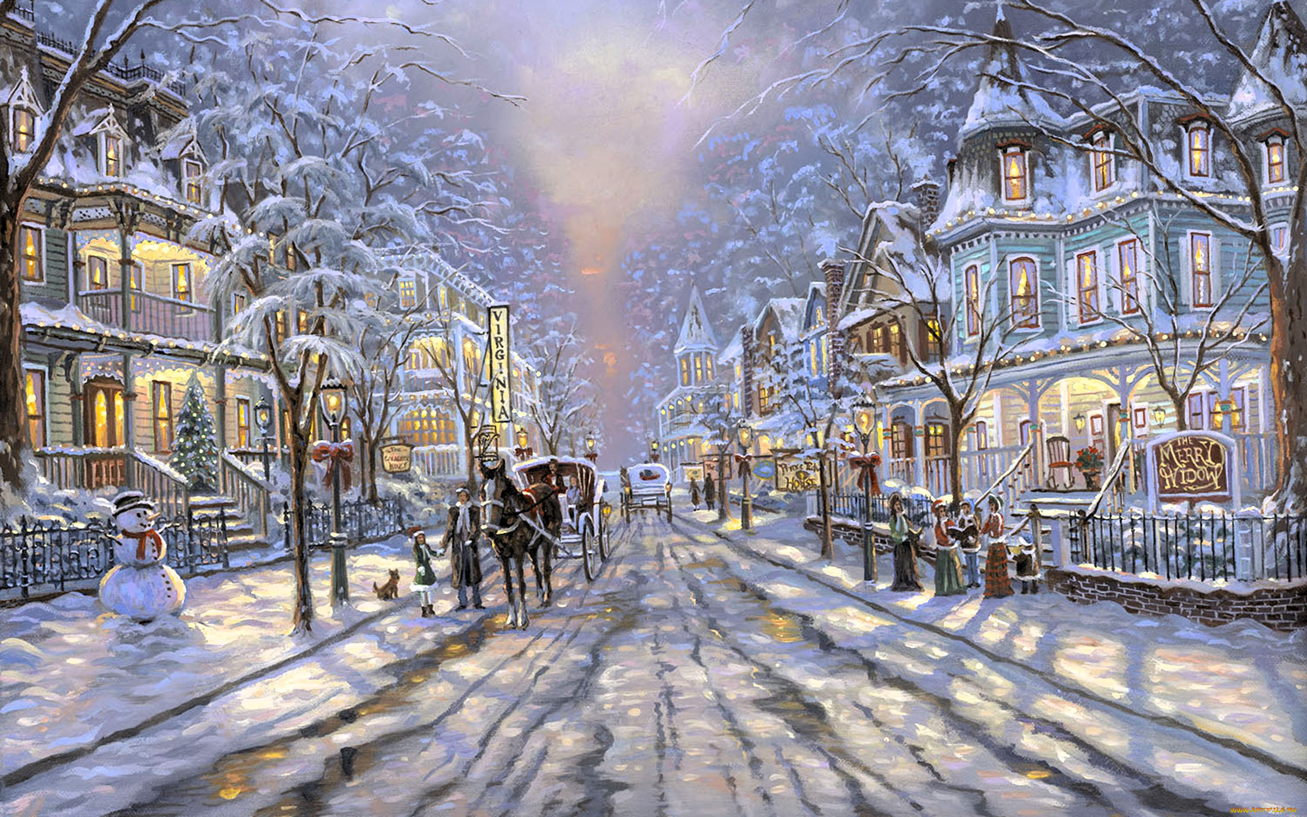 рисованное, robert, finale, дома, особняки, свет, зима, снег, дорога, повозки, снеговик