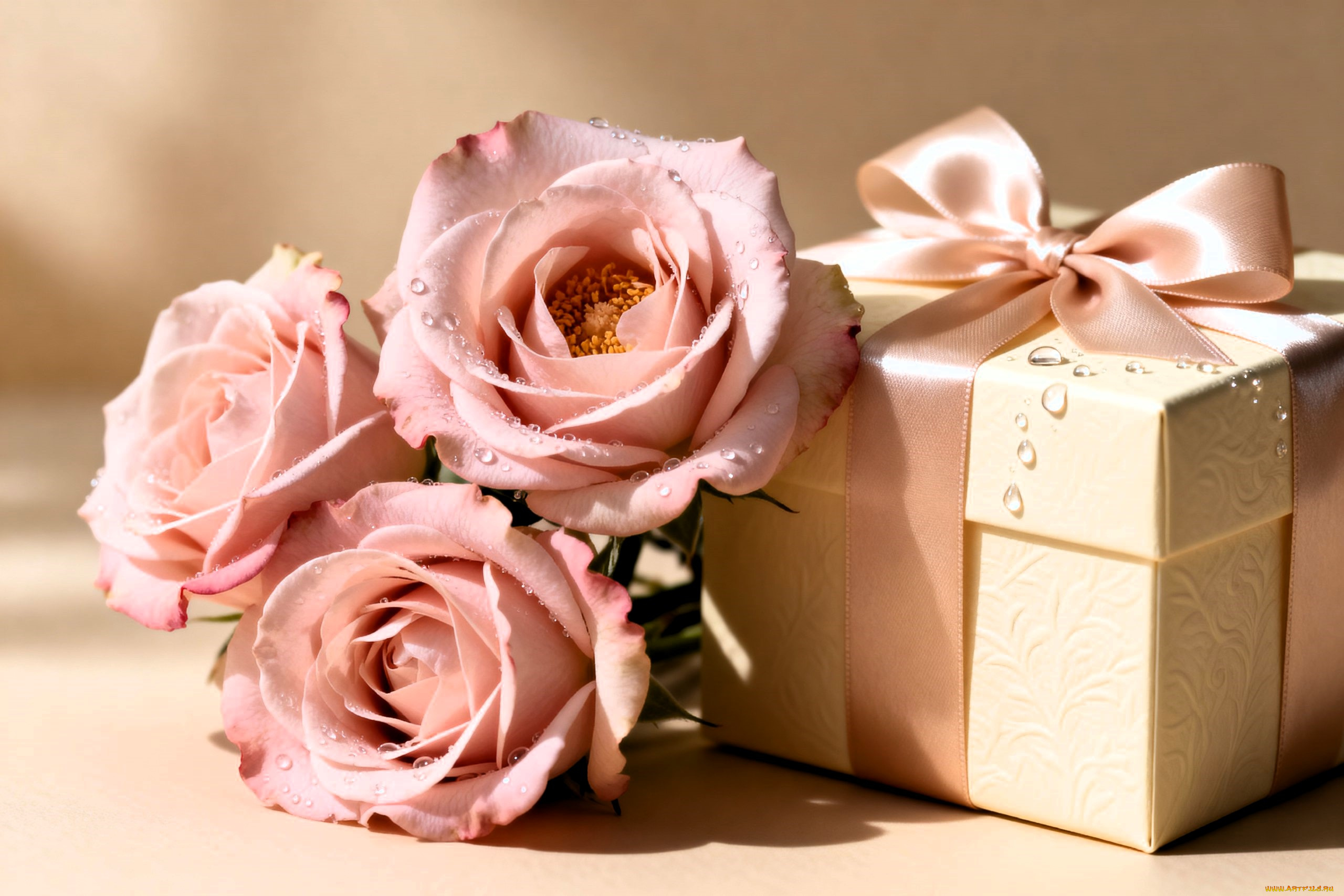 3д, графика, цветы, , flowers, розы, капли, коробка, подарок, бант
