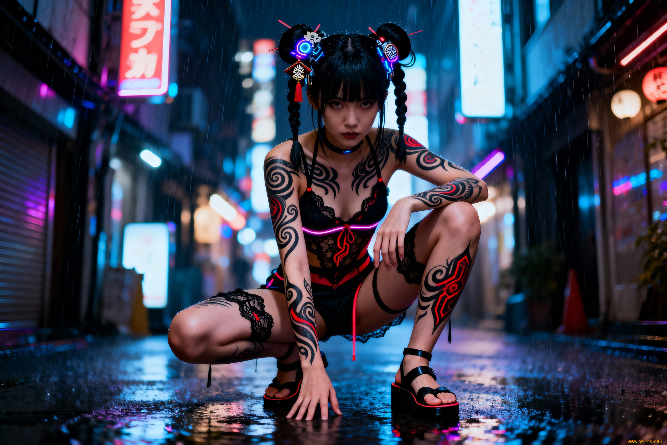 3д, графика, люди, , people, девушка, тату, белье, город, неон, улица, киберпанк