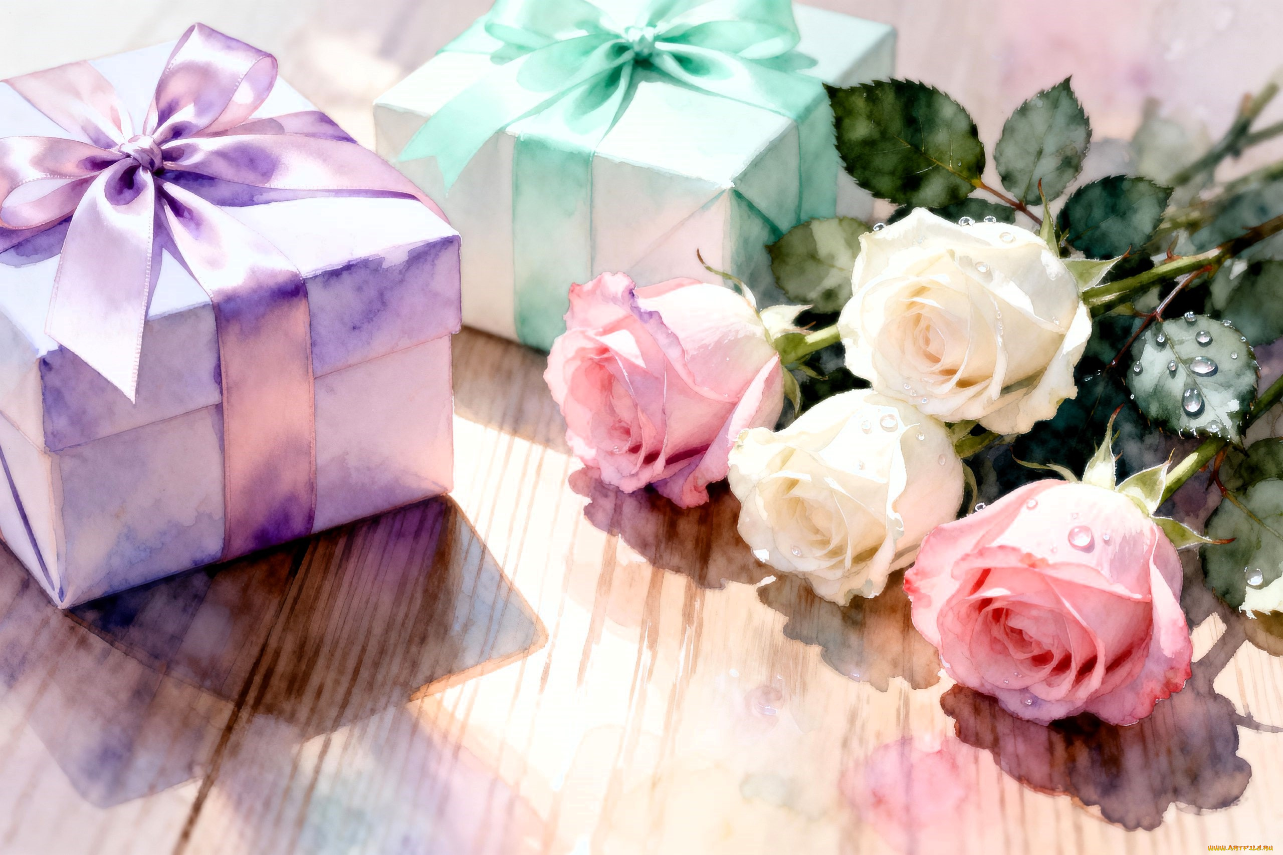рисованное, цветы, коробки, подарки, розы