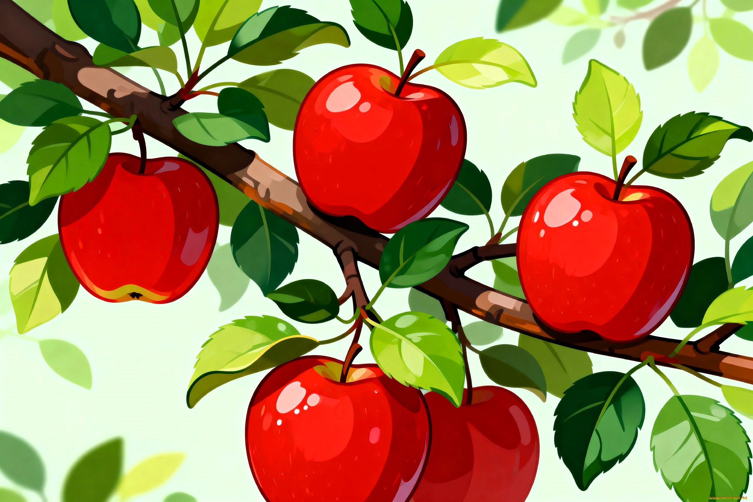 векторная, графика, еда, , food, ветка, яблоки, листья