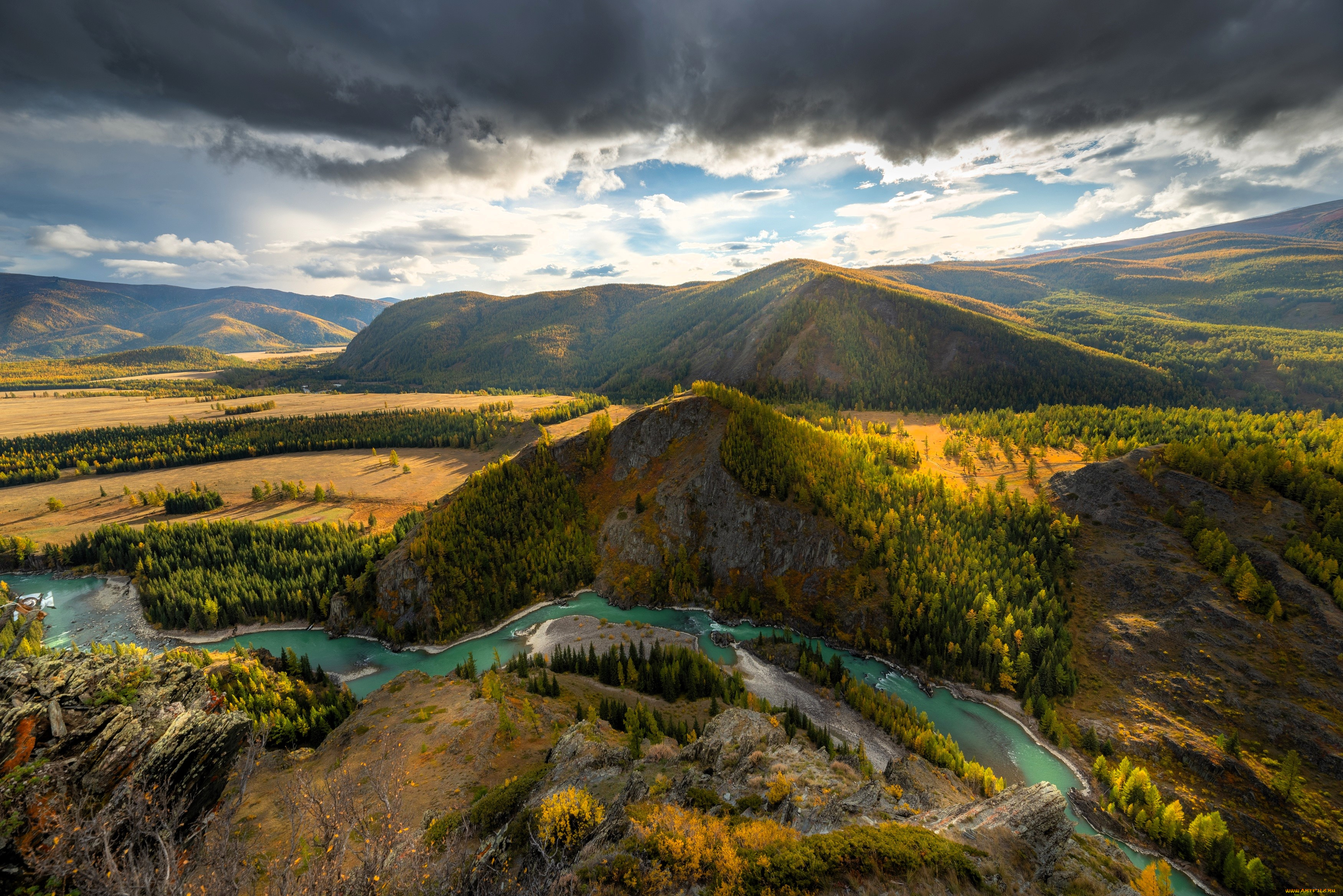 природа, реки, озера, небо, тучи, горы, долины, леса, деревья, река