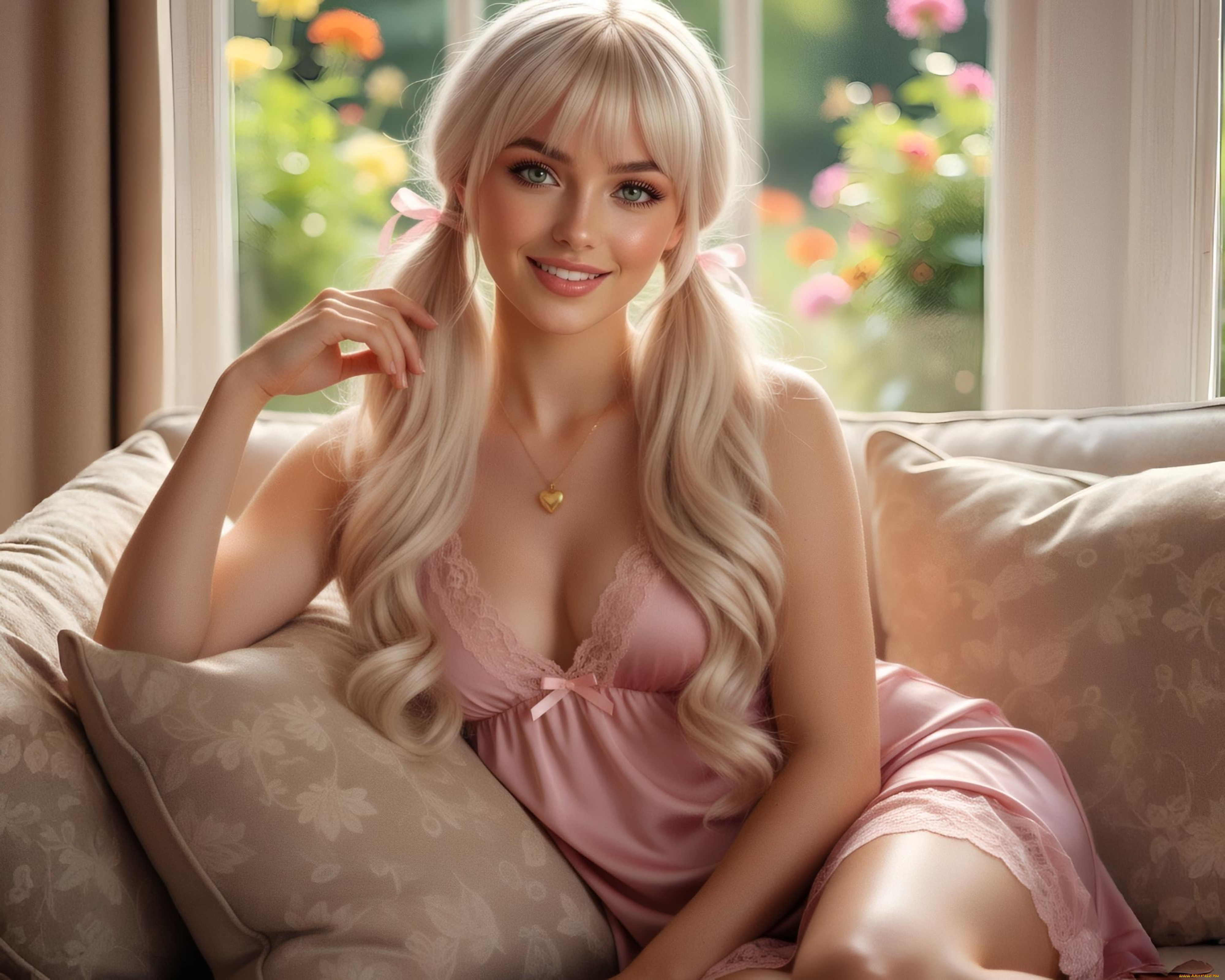 нейросеть, 3д, графика, люди, , people, девушка, блондинка, бантики, макияж, улыбка, цепочка, кулон, сердечко, ночнушка, платье, диван, подушки, боке, занавески, окно, цветы