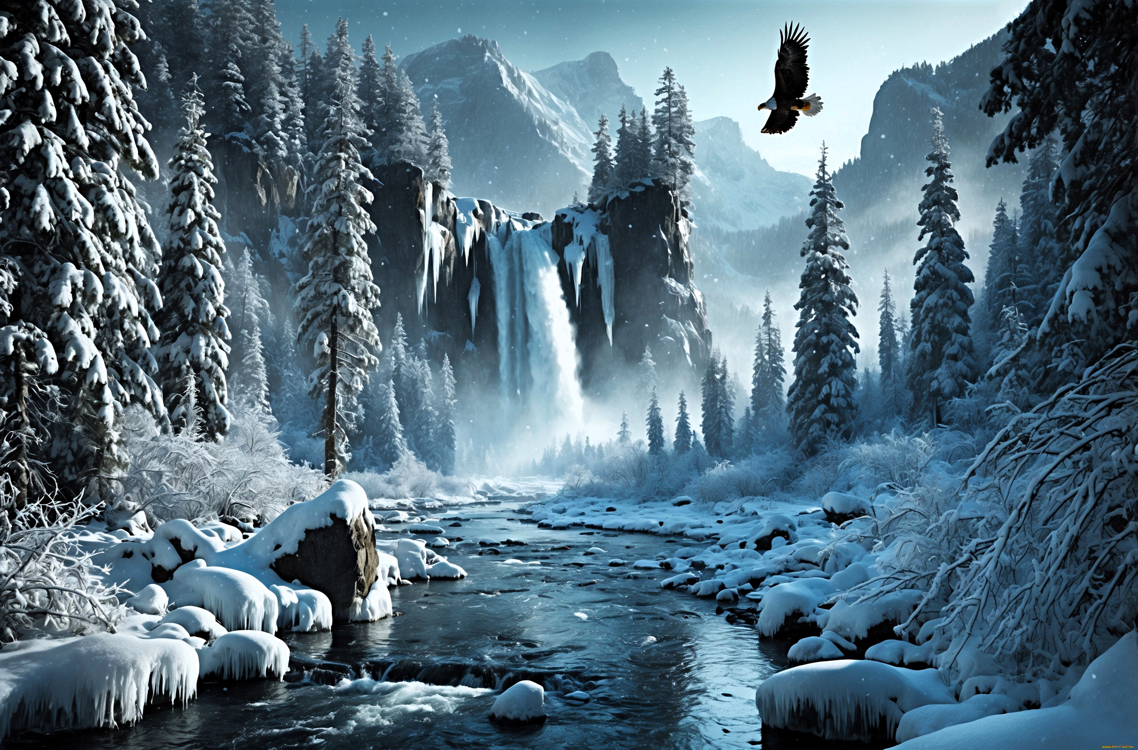 3д, графика, природа, , nature, горы, снег, лед, камни, лес, водопад, река