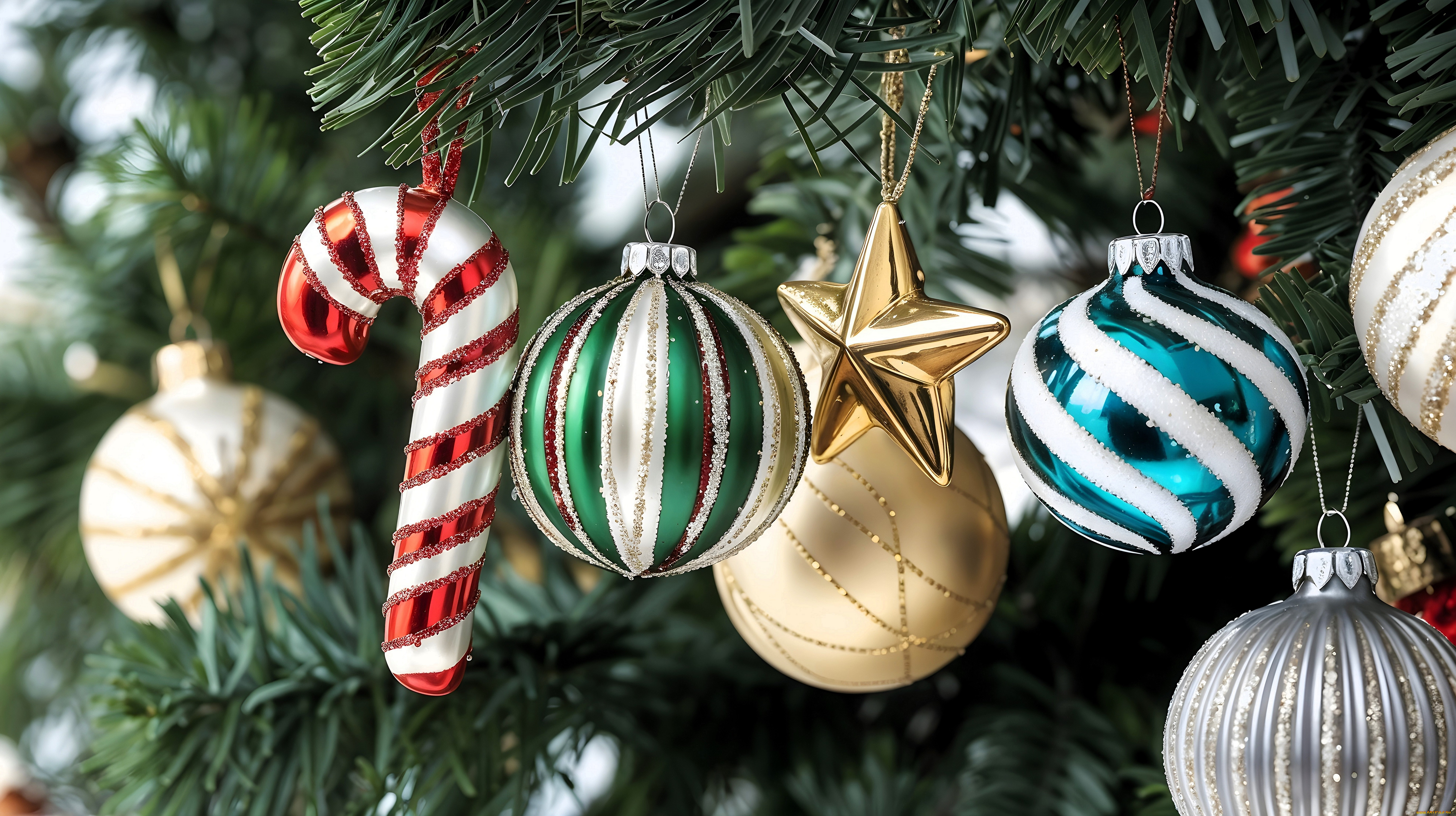 праздничные, шары, ёлка, ветки, игрушки, украшения