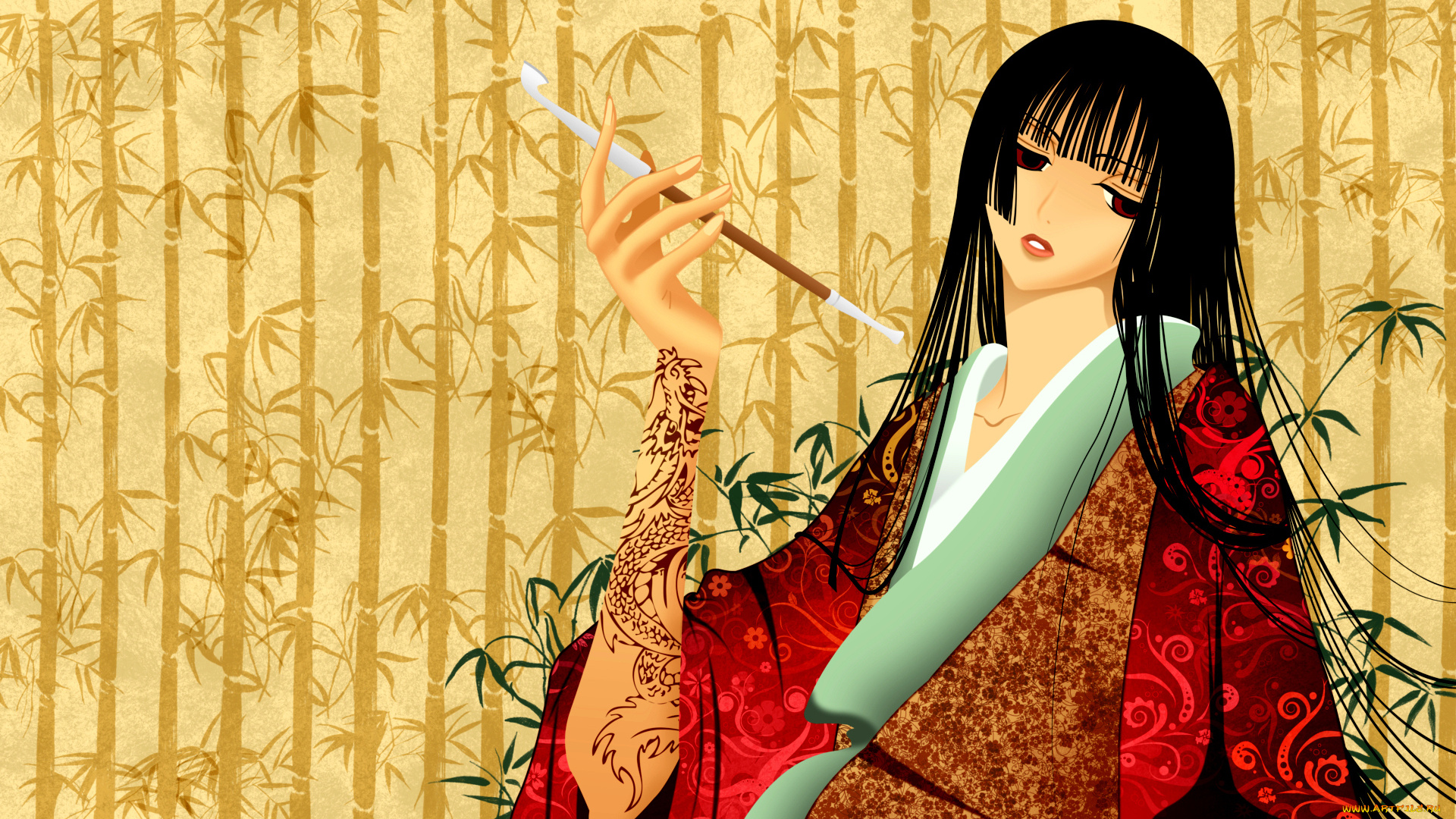 аниме, xxxholic, бамбук, девушка, кимоно, трубка