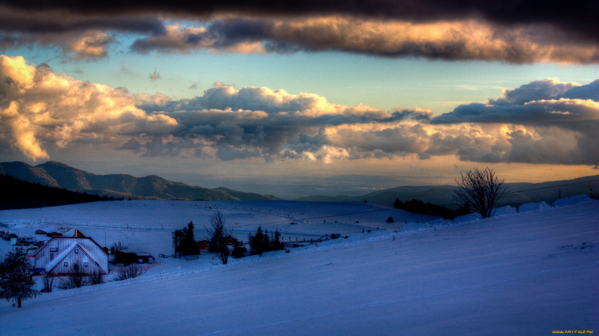 природа, зима, облака, дом, горах, вечер