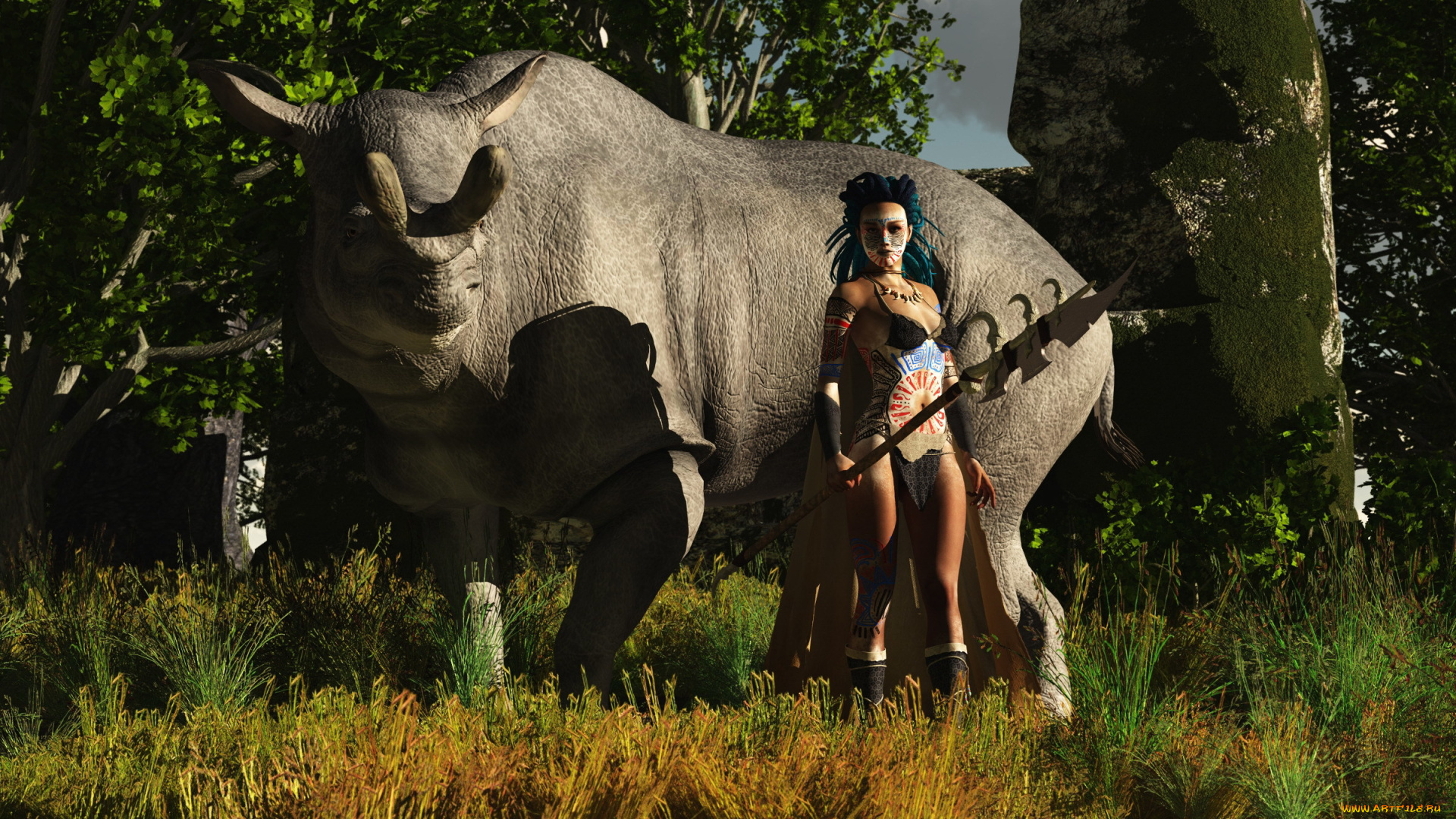3д, графика, fantasy, фантазия, оружие, лес, девушка, животное