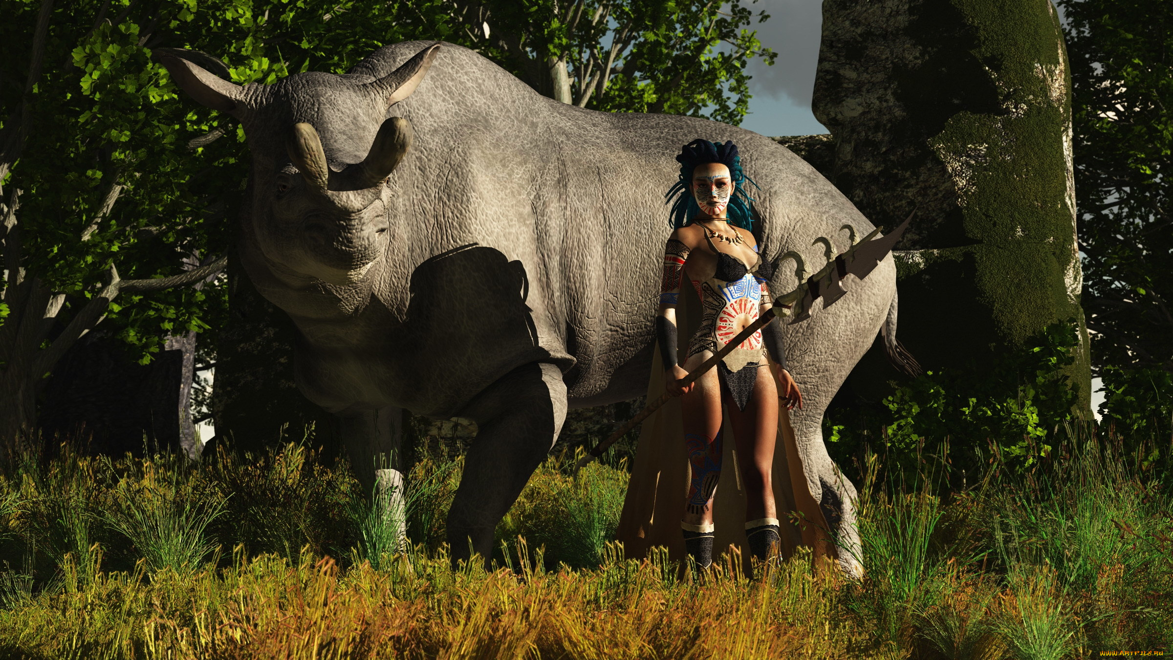 3д, графика, fantasy, фантазия, оружие, лес, девушка, животное