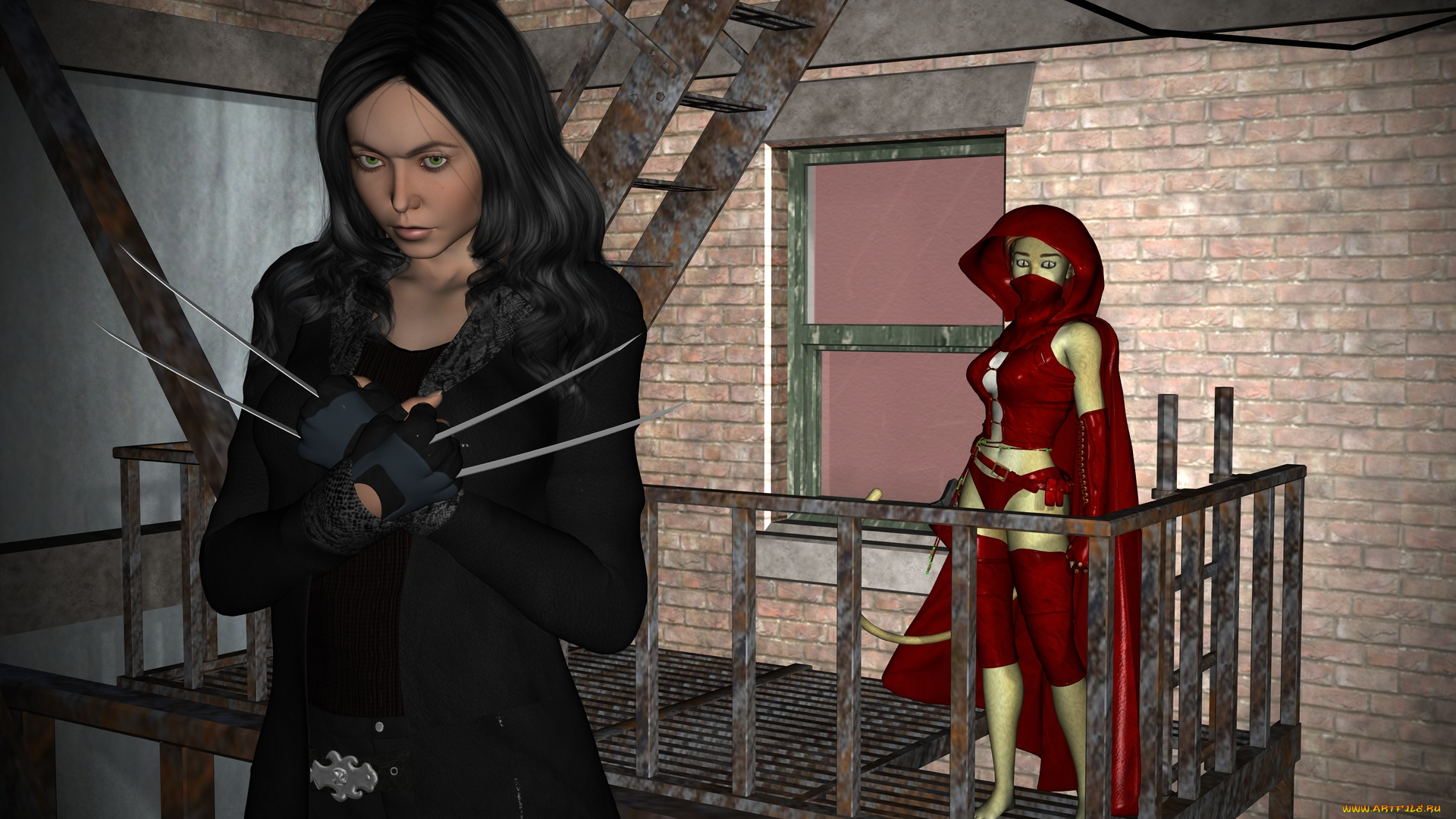 3д, графика, fantasy, , фантазия, балкон, кошка, девушка