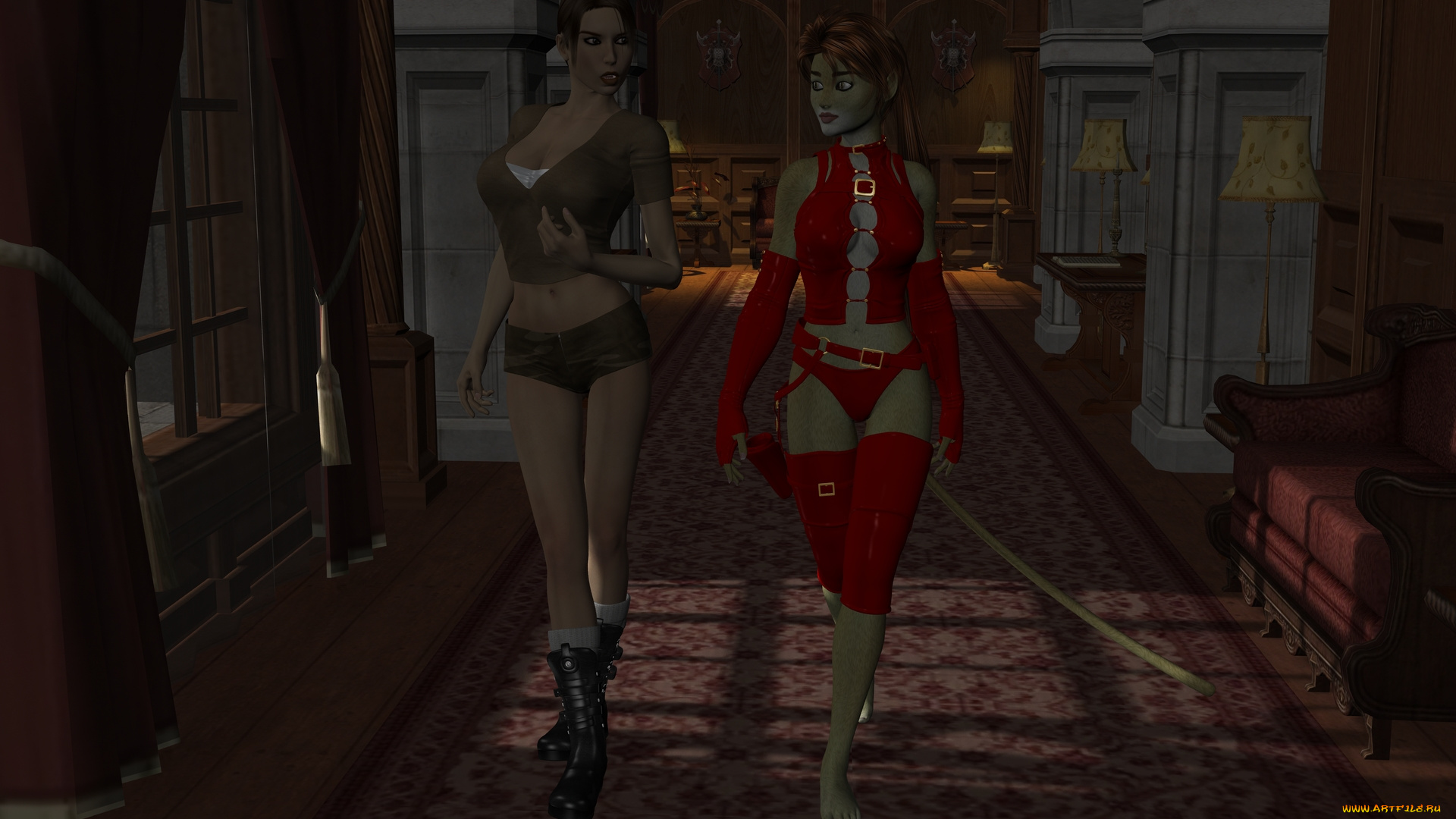 3д, графика, fantasy, , фантазия, девушка, кошка, комната