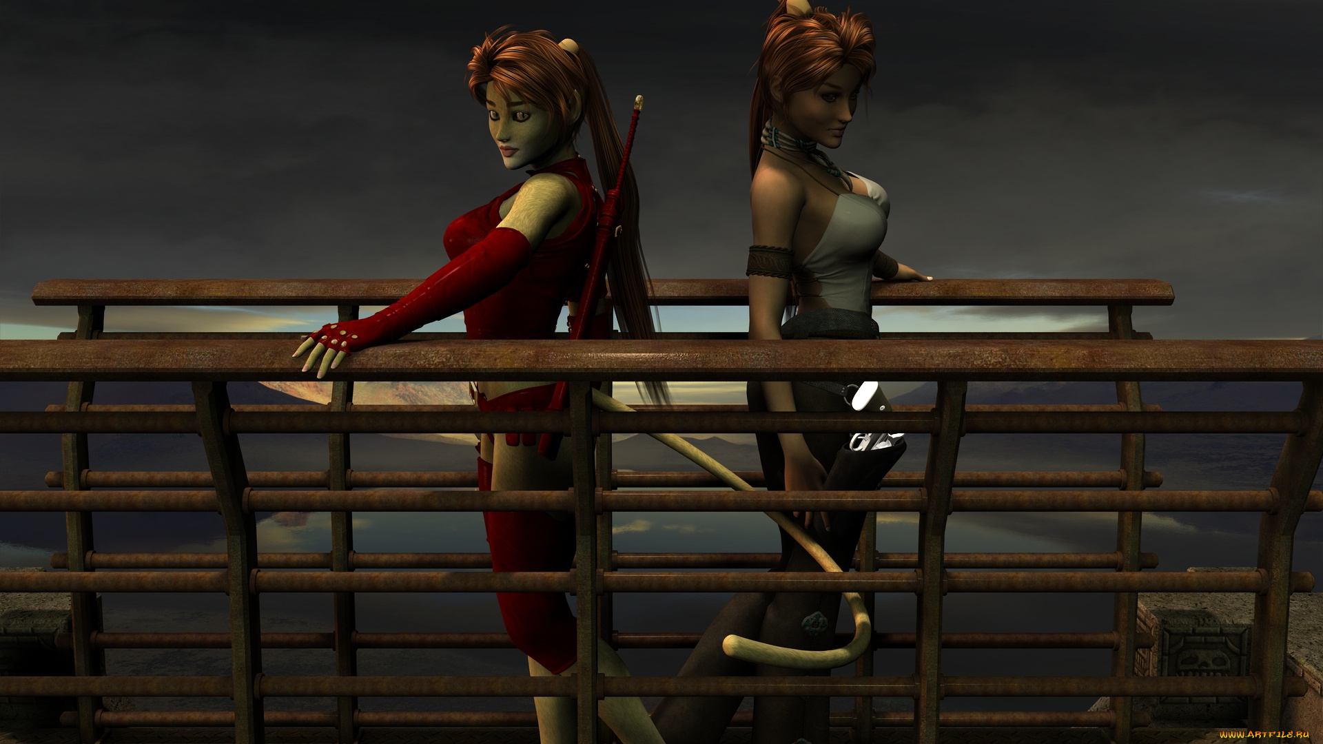 3д, графика, fantasy, , фантазия, девушка, кошка, мостик